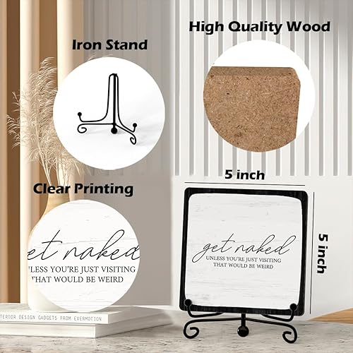Miniatura 2 de Letreros divertidos de medio baño, letrero de escritorio de madera "Get Naked Just Kidding", arte rústico de baño, decoración de estante con soporte