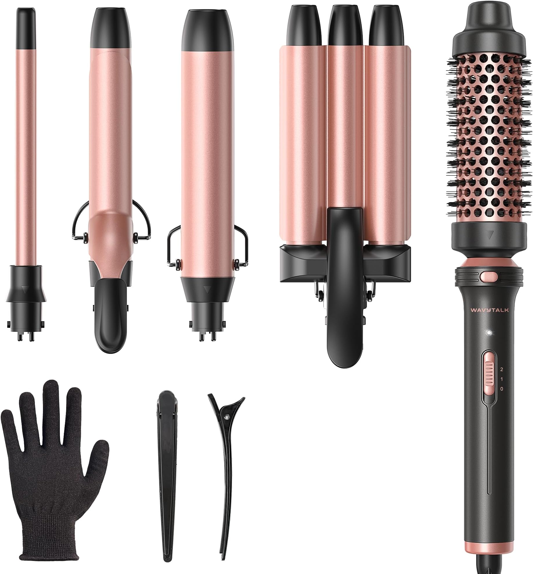 5 in 1 Curling Wand Set, Dual Voltage Curling Iron Set with 5 Interchangeable Barrels Included A Thermal Brush, A Hair Crimper and 3 Ceramic Curling Wands(0.5"-1.25"), Rose Pink