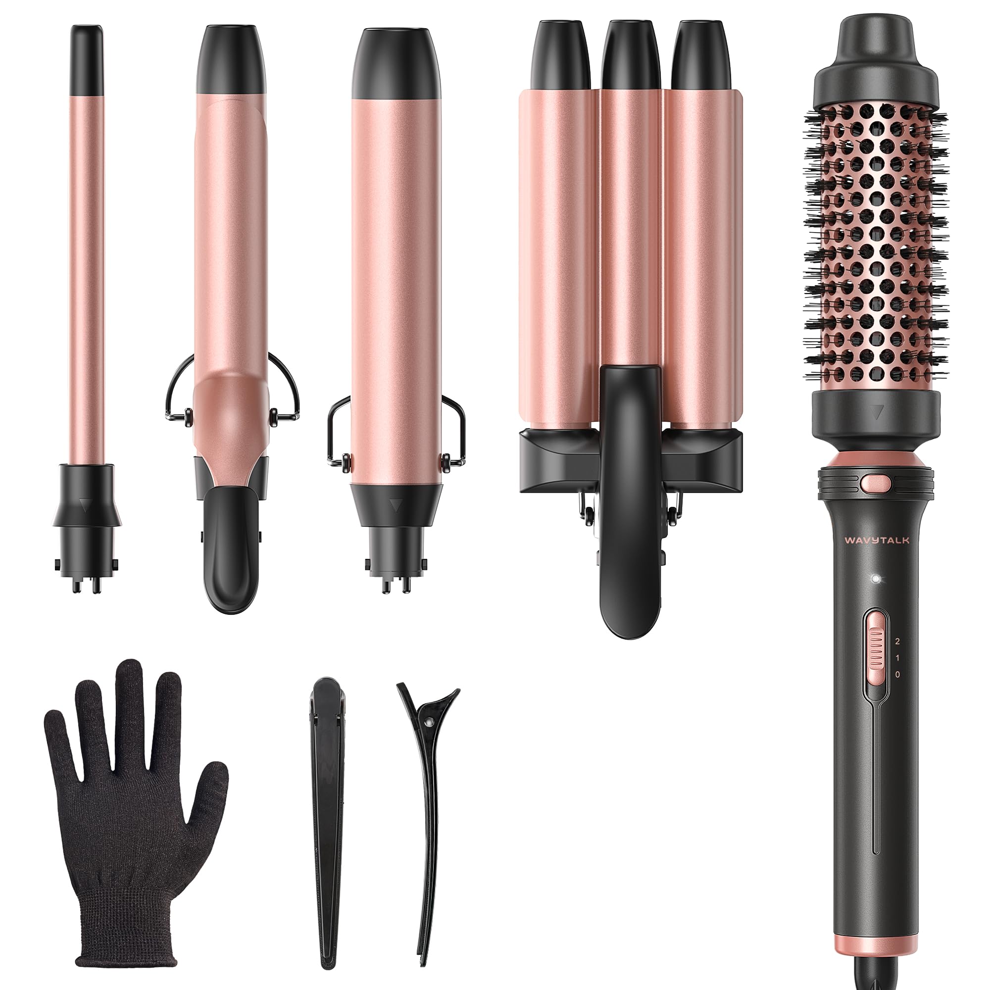 5 in 1 Curling Wand Set, Dual Voltage Curling Iron Set with 5 Interchangeable Barrels Included A Thermal Brush, A Hair Crimper and 3 Ceramic Curling Wands(0.5"-1.25"), Rose Pink