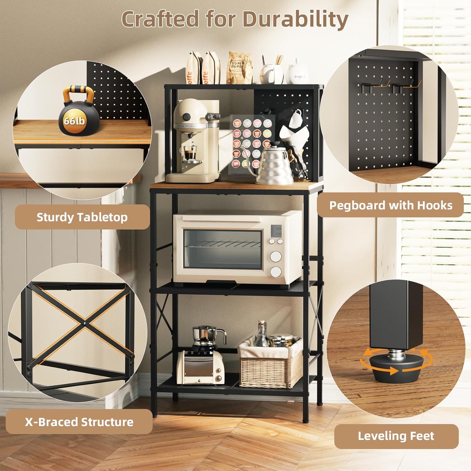 Kitchen Bakers Rack with Pegboard, 4-Tiers Coffee Bar Table, Heavy-Duty Metal Microwave Stand, Adjustable Storage Shelf Rack for Living Room, Garage, Office