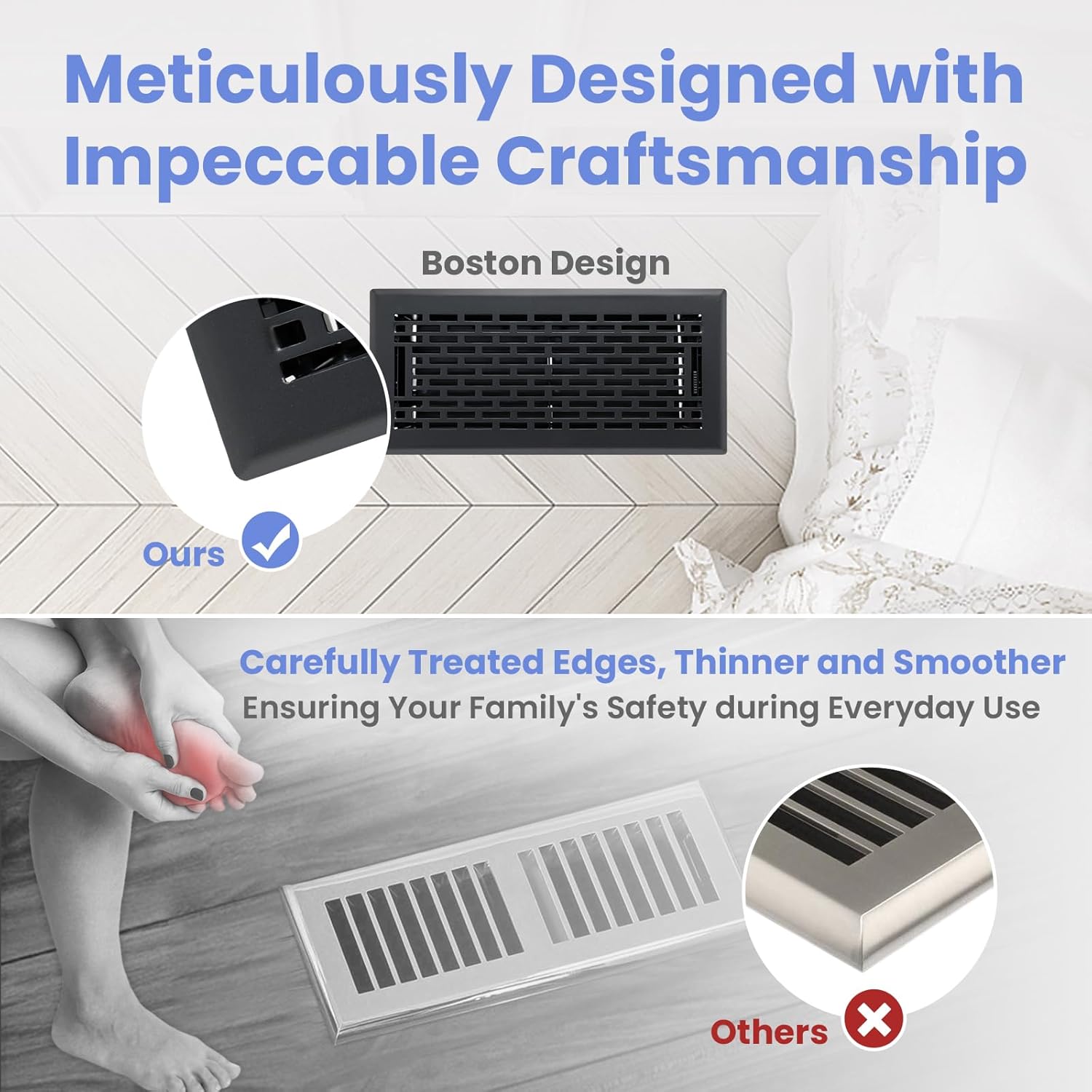 4x10 Inches 6 Pack Heavy Duty Walkable Floor Register - Easy Adjust Air Supply Lever Decorative Floor Vent Covers, Boston Design Vent Covers for Home - Matte Black