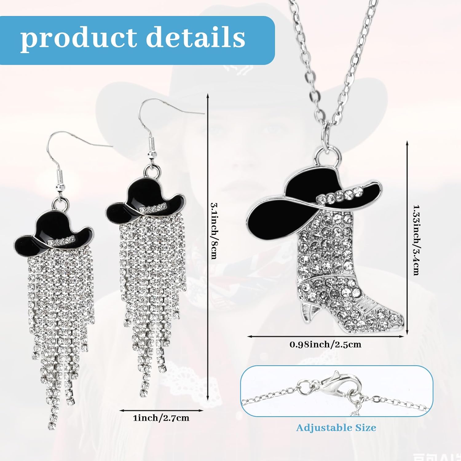 Western Jewelry for Women,Sparkly Rhinestone Cowgirl Accessories for Women Includ White Cowgirl Hat Pendant Necklace Set White Cowboy Boot Earrings with Wild West Country Rustic Style - Image 2