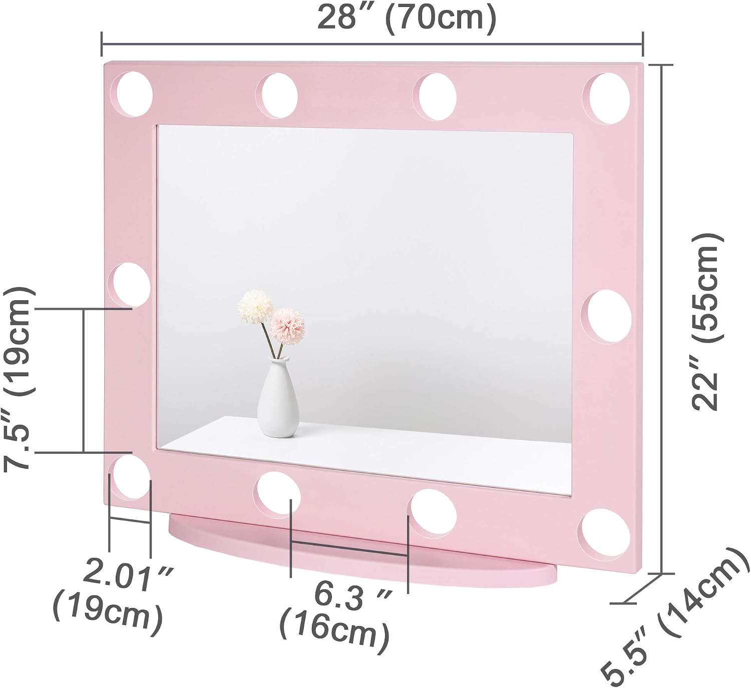Waneway Vanity Mirror with 10 Pre-Drilled Holes Compatible with Hollywood Lights Kit, DIY Lighted Vanity Makeup Mirror with No Visible Cords, Tabletop or Wall Mount, Pink (Lights Kit Not Included)
