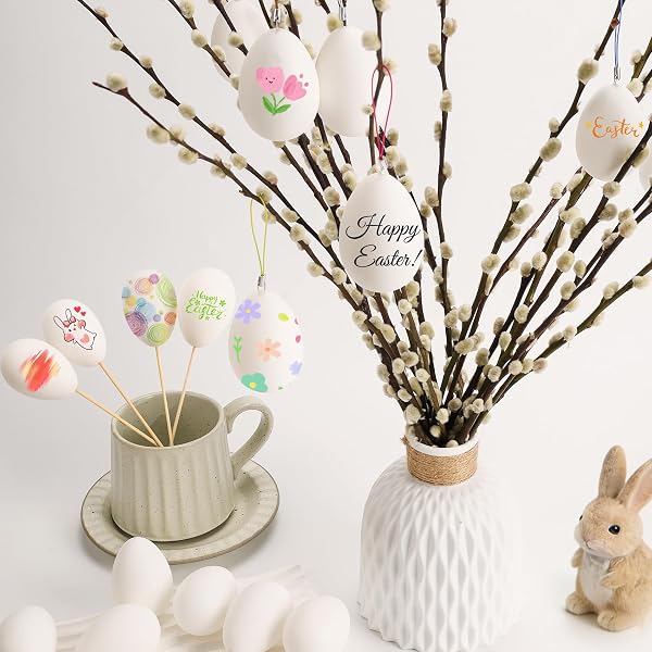 30 Deko-Eier Ostern, 6cm Kunststoff Ostereier zum Bemalen, 30 Aufhänger für Ostereier, Plastikeier Weiß, Eier zum Bemalen und Aufhängen, Osterhandwerk, Ostern Basteln für Dekoration und Geschenk - 5