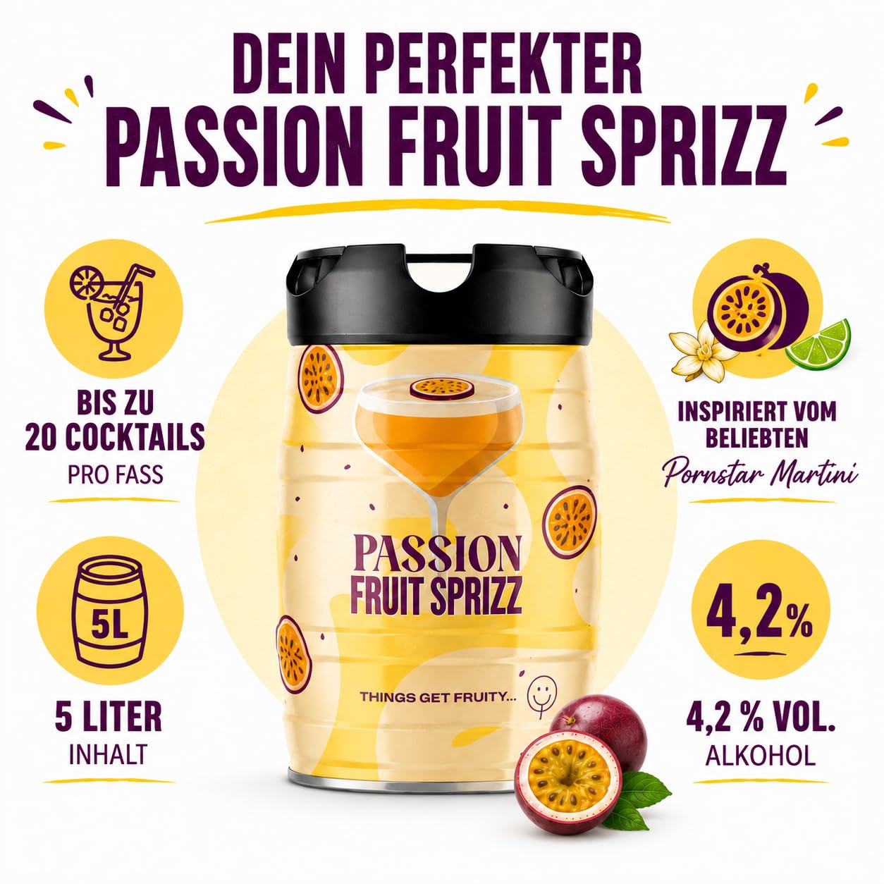 Cocktail Fass - Passion Fruit Spritz 5L – Inspiriert vom Pornstar Martini – Partyfass mit Alkohol zum Selberzapfen – Bis zu 20 Cocktails