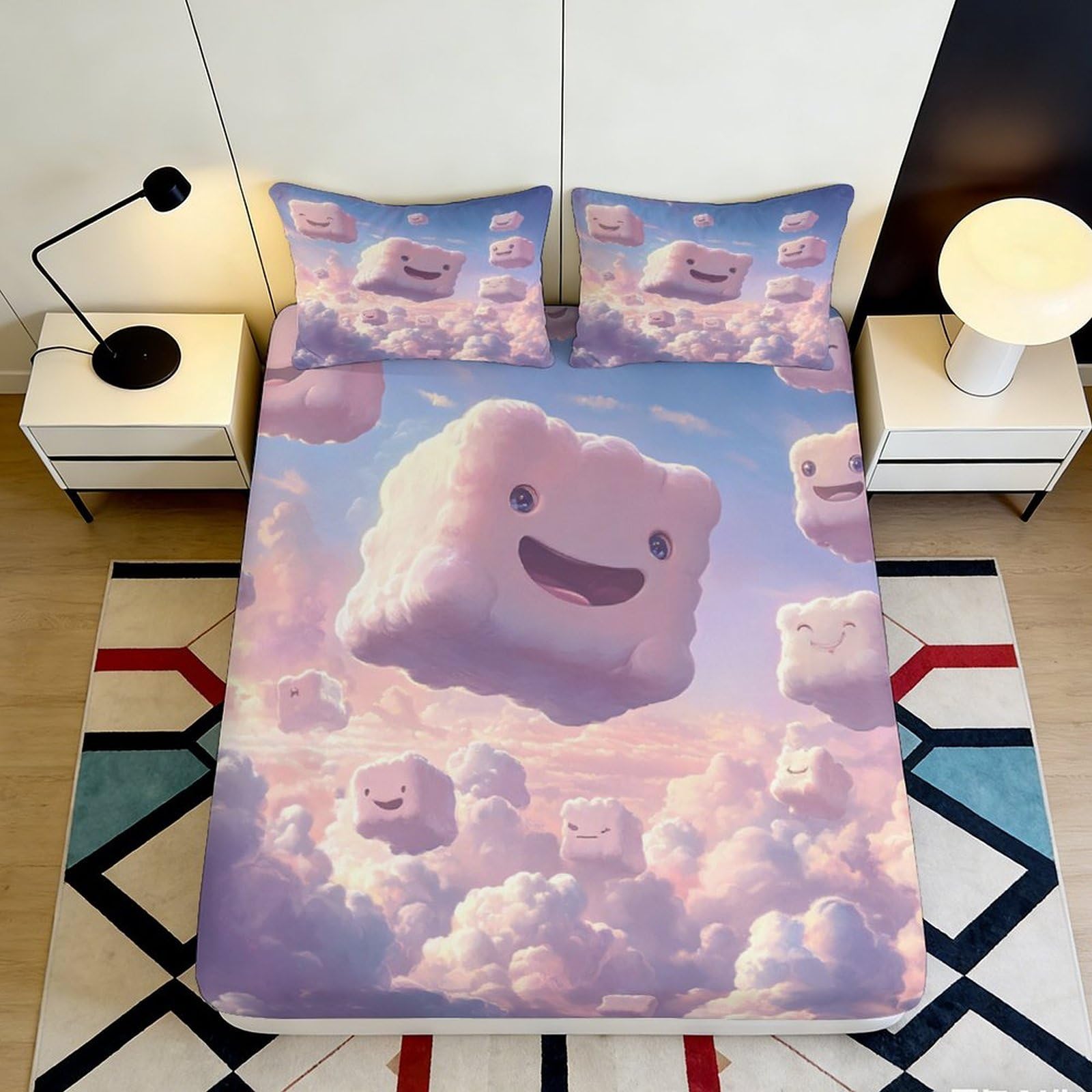 3D Printed Cartoon Cloud Fitted Sheet Microfiber Pastel Sky Mattress Cover Bedroom Decor Anti-Slip Washable 120x200x25cm