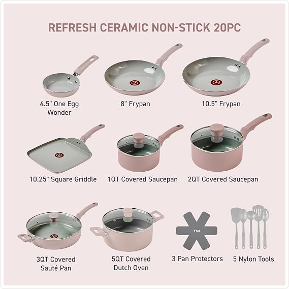 T-Fal Refresh Ceramic Pots and Pans Set, Nonstick Cookware, 20-Piece, Oven Safe to 350F, Ceramic Cookware Set, Stockpot, Griddle, Frying Pans, Utensils, Dusty Rose