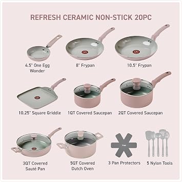 T-Fal Refresh Ceramic Pots and Pans Set, Nonstick Cookware, 20-Piece, Oven Safe to 350F, Ceramic Cookware Set, Stockpot, Griddle, Frying Pans, Utensils, Dusty Rose
