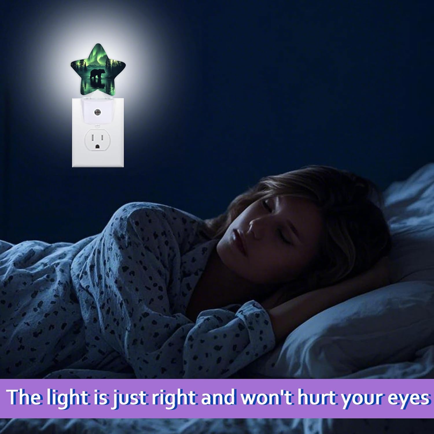 Forest Bear Night Lights Plug Into Wall Decorative,Green Polar Lights Sleep Friendly Lamp, Energy Efficient Dusk-to-Dawn Sensor Nightlights for Kid Bedroom Nursery Bathroom