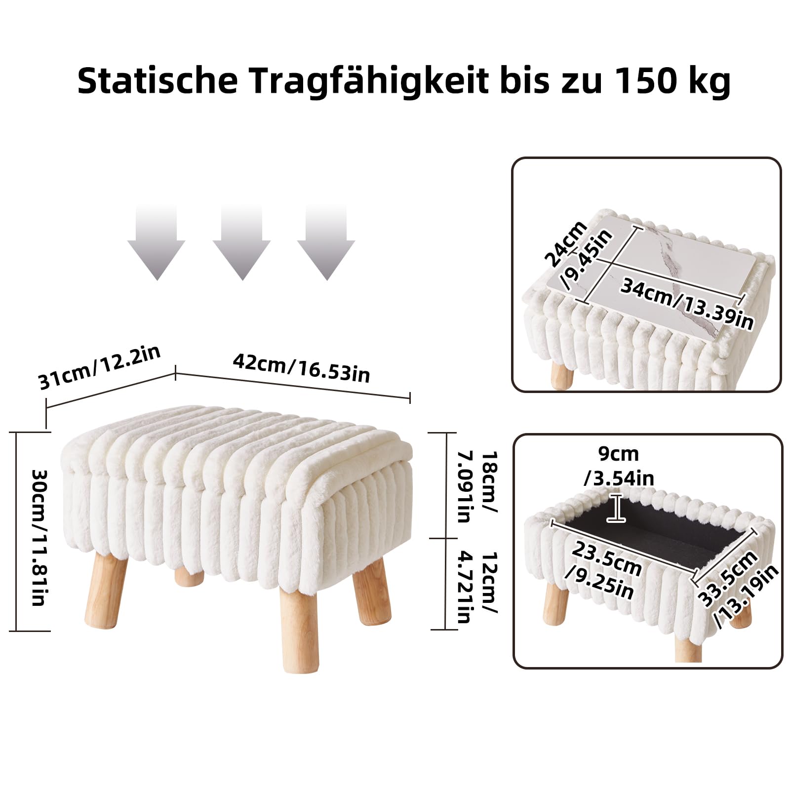 Aibiju Fußhocker mit Stauraum, rechteckiger Samthocker mit Holzbeinen, Fusshocker mit gepolstertem Sitz, Kleiner Beistelltisch, für Flur, Wohnzimmer, Weiß YD-JD152W