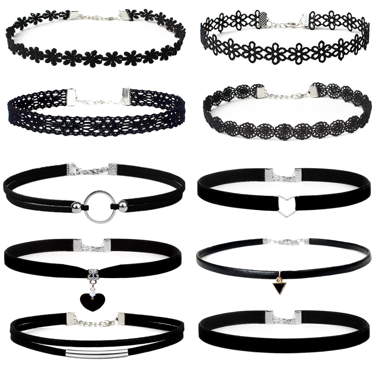 YOKER 10 Pcs Black Necklaces for Women Adjustable Layered Velvet Choker Set Classic Gothic Tattoo Lace Chokers
