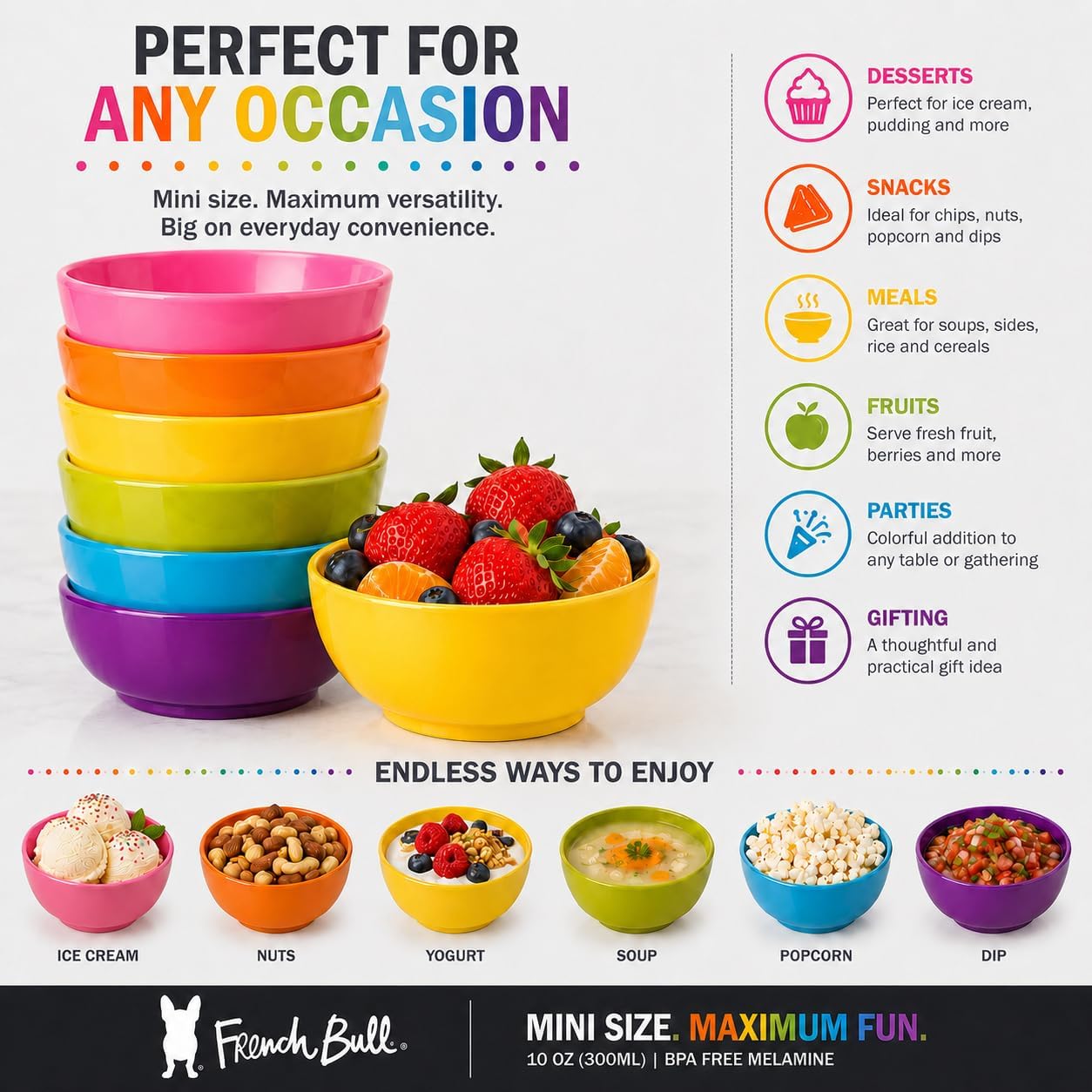 French Bull Melamine Mini Bowls, 10 oz, Set of 6, Multicolor