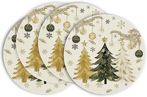 Miniatura 21 de Artoid Mode Juego de 4 Manteles Individuales Redondos con Ornamentos de Árboles de Navidad, Copos de Nieve, Feliz Navidad, 14 Pulgadas, Manteles de