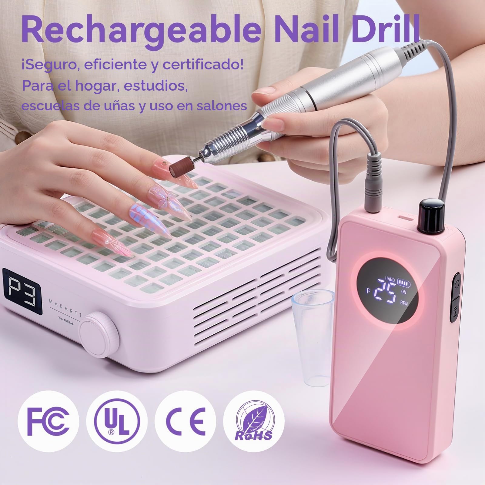 Makartt Fresa de uñas – Fresa profesional recargable con 35000 rpm, juego de lima de uñas eléctrica y lima electrónica para esmalte de uñas acrílico en polvo y gel, silencioso, ligero y portátil