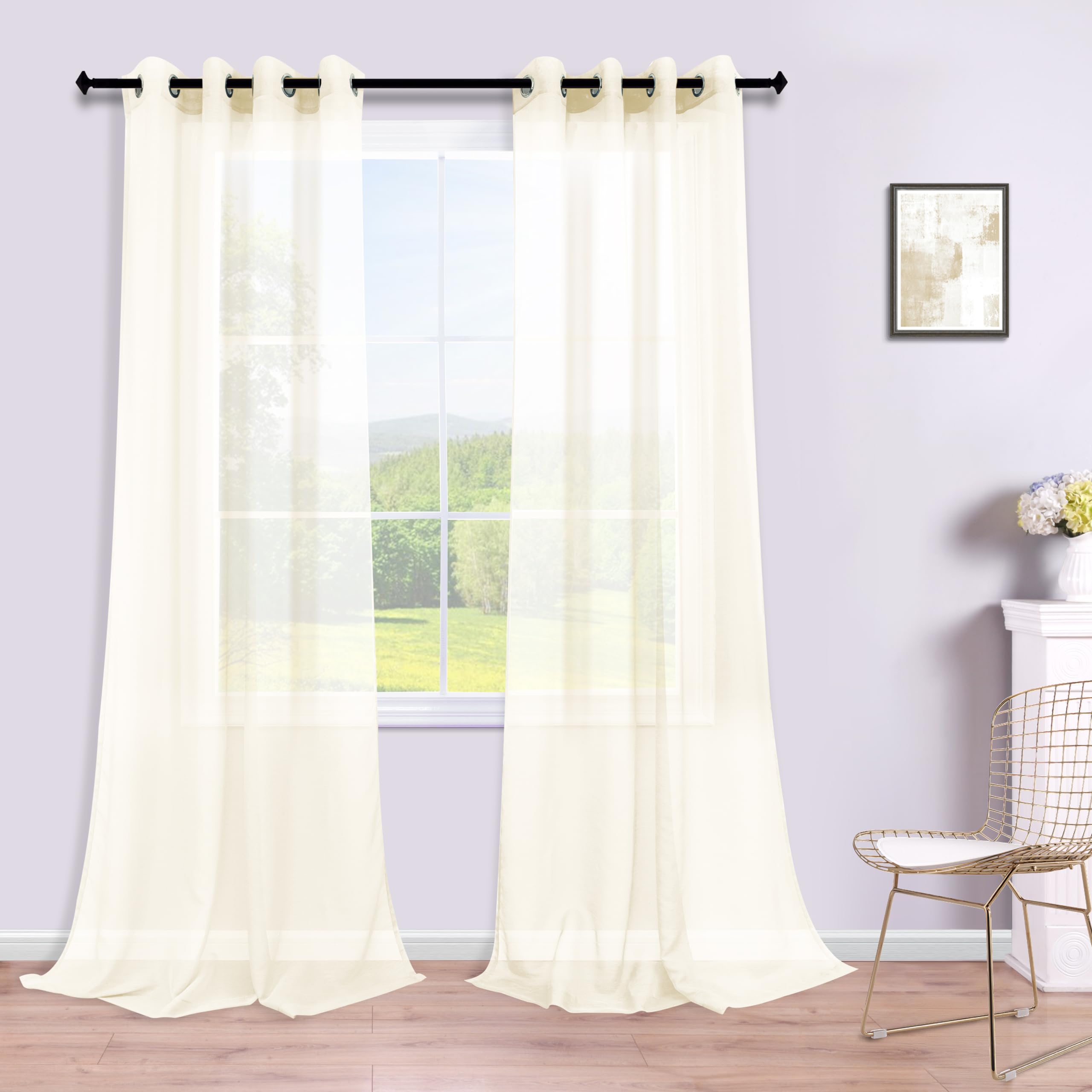 KOUFALL Ivory Grommet Faux Linen Sheer Curtains 52x102 Inches Long