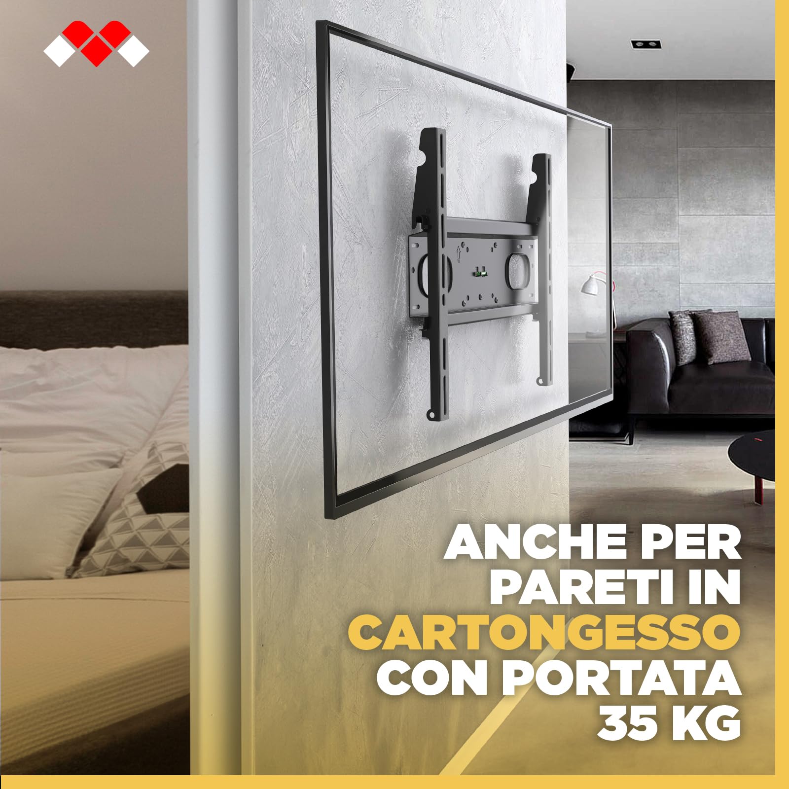 Meliconi Slimstyle Plus Extra 400F, Supporto TV Parete 32" a 88" VESA 200-300-400, Portata Max 60 Kg, Adatto Anche a Pareti in Cartongesso, con Sistema Fast Block, Made in Italy