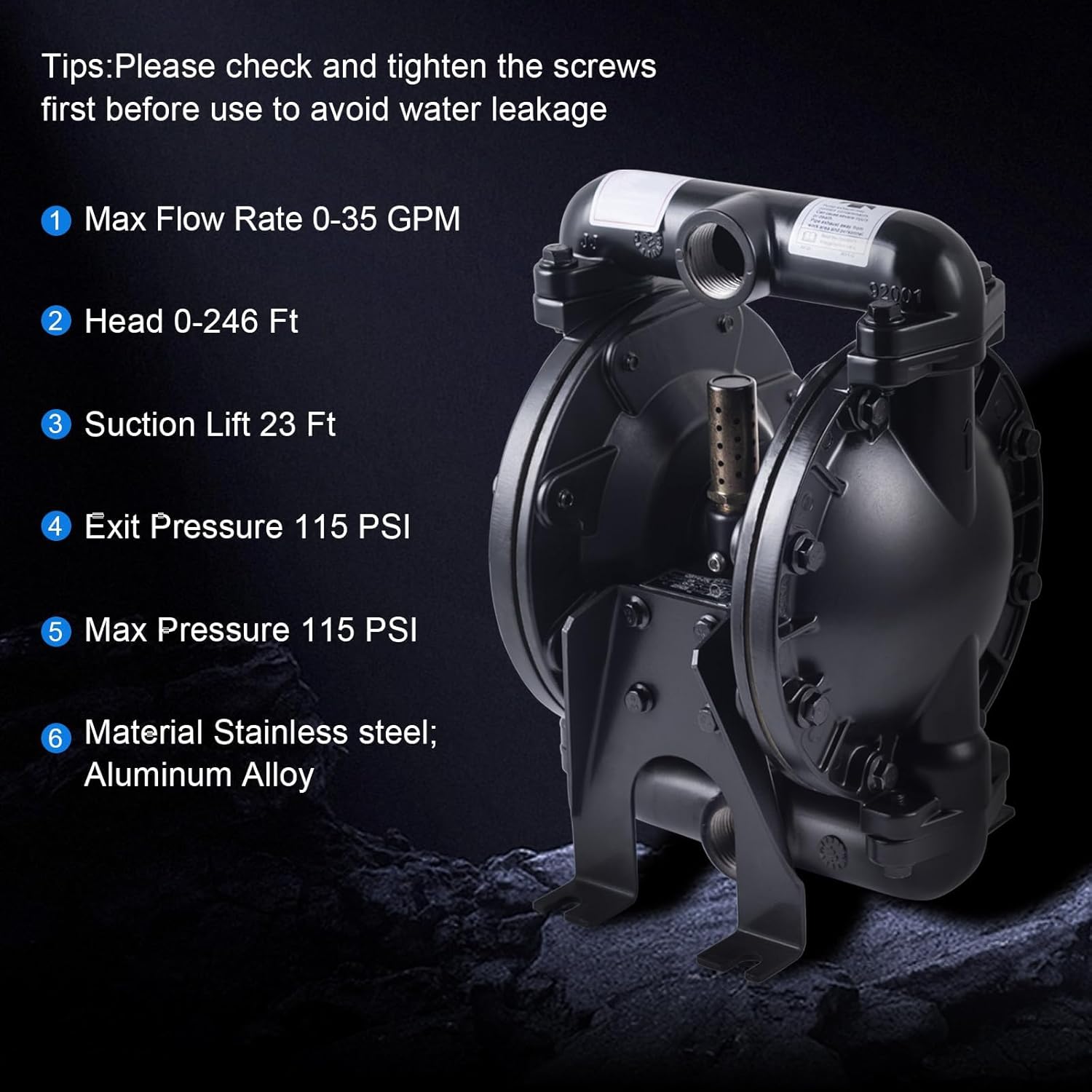 Double Diaphragm Pump Air Operated 1 inch Inlet/Outlet Pneumatic Waste Oil Transfer Pump for Chemical QBY4-25L 35 GPM Dual Diaphram Polypropylene Nitrile Rubber by Stainless Steel Iron 115 PSI