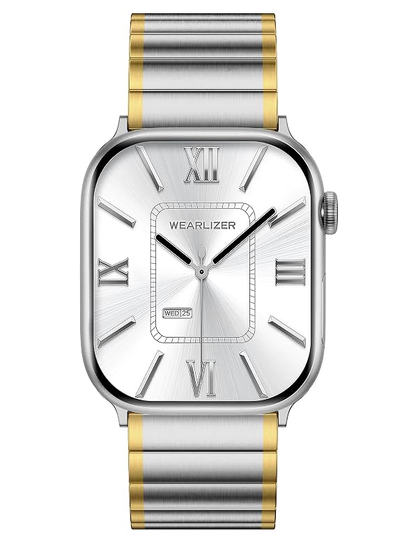 Wearlizer Two Tone Metal Band Compatible with Apple Watch Bands 40/38/41/42mm Women Men, Dressy Rectangular Chain Design Durable Stainless Steel Bracelet for iWatch Series 11-1/SE Silver/Gold by Wearlizer - Used condition - US$10.95