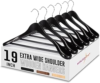 HOUSE DAY 19'' Extra Wide Shoulder Wooden Hangers 6 Pack, Premium Large Wood Suit Hangers with Non Slip Pant Holder, Wide Shoulder Hangers for Suits, Coats, Jackets, Heavy Wide Clothes Hanger, Black