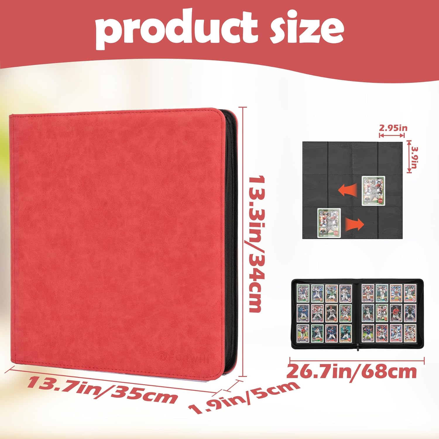 Trading Card Binder, 12 Pockets Trading Card Binder Ringless Side Loading Trading Card Album Folder for TCG,MTG,Sports Cards(Red)