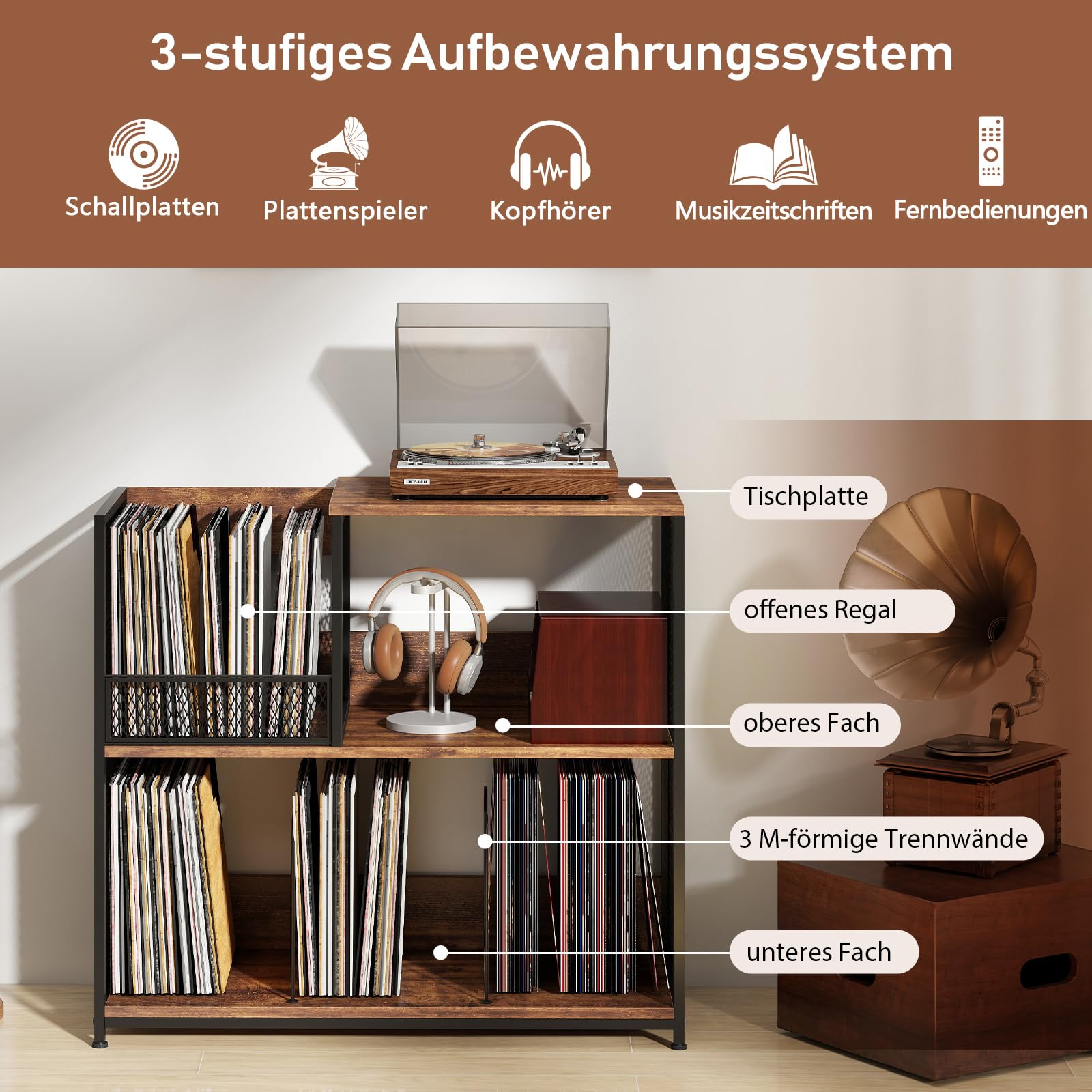 COSTWAY 3-poziomowy stojak na gramofony, na maks. 300 albumów, stół gramofonowy z 3 wyjmowanymi ściankami działowymi i metalową ramą, winylowy regał prezentacyjny do salonu (brązowy)