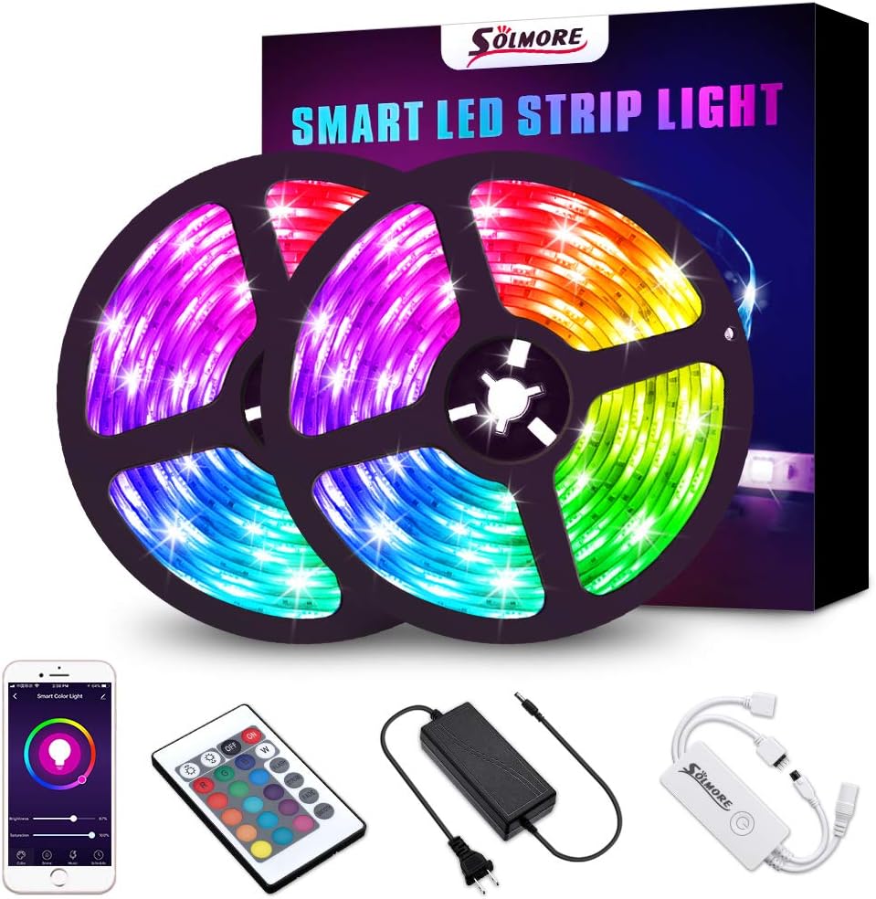 SOLMORE Smart WiFi LED Strip Lights Compatible with Alexa, Google Home 32.8ft RGB 5050,16 Million Colors Phone App Controlled Music Light Strip for Home, Kitchen, TV, Party