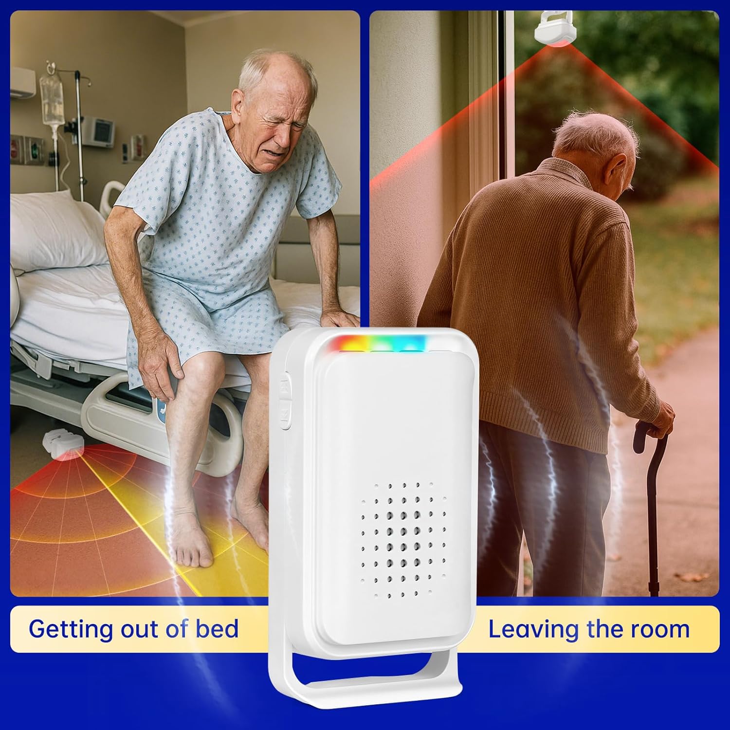 Wireless Motion Sensor Bed Alarm for Elderly - Fall Prevention System for Dementia Patients & Seniors - Caregiver Pager with 5 Volume Levels for Home Safety (1 Caregiver Pager+1 Sensor)