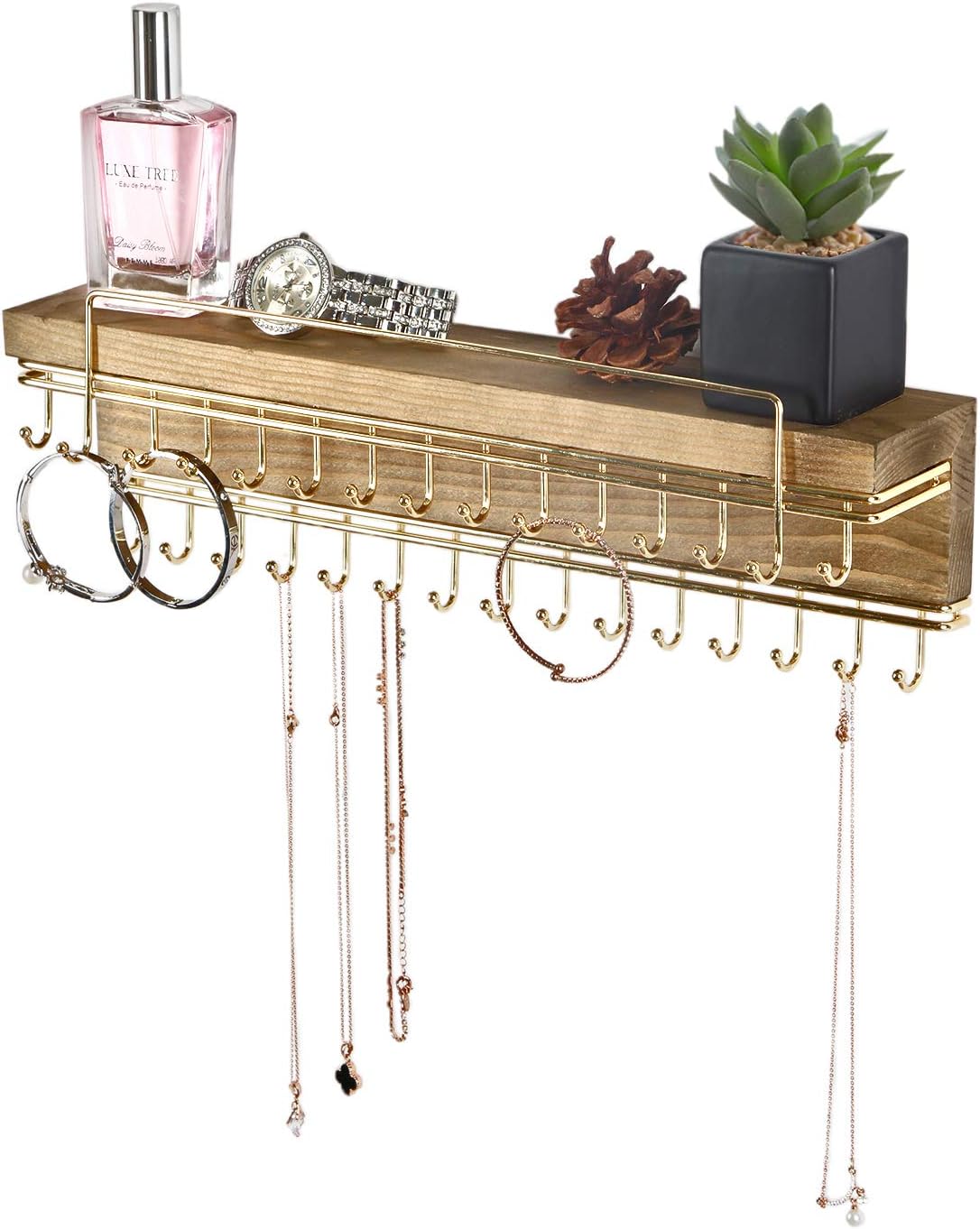 J JACKCUBE DESIGN Rustic Wood Wall Mounted Jewelry Organizer with 30 Gold Metal Hooks Display Shelf Storage for Necklaces, Bracelets, Earrings, Bows and more - MK626A