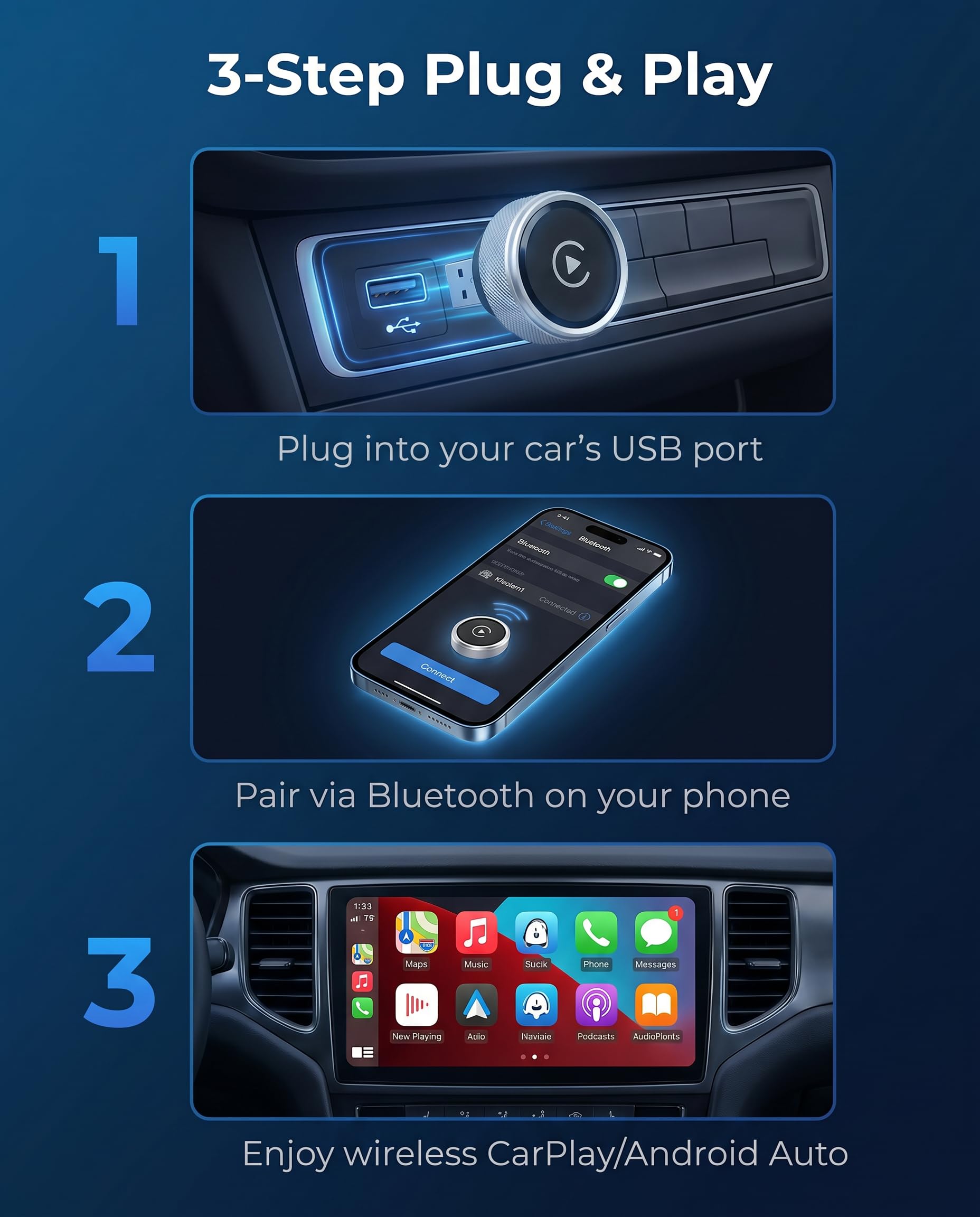 2026 Adattatore Wireless CarPlay & Android Auto, Adattatore 2 in 1 per iPhone e Android, Trasforma CarPlay Cablato in Wireless, WiFi 2,4/5GHz con Connessione Automatica, Plug & Play Senza Latenza