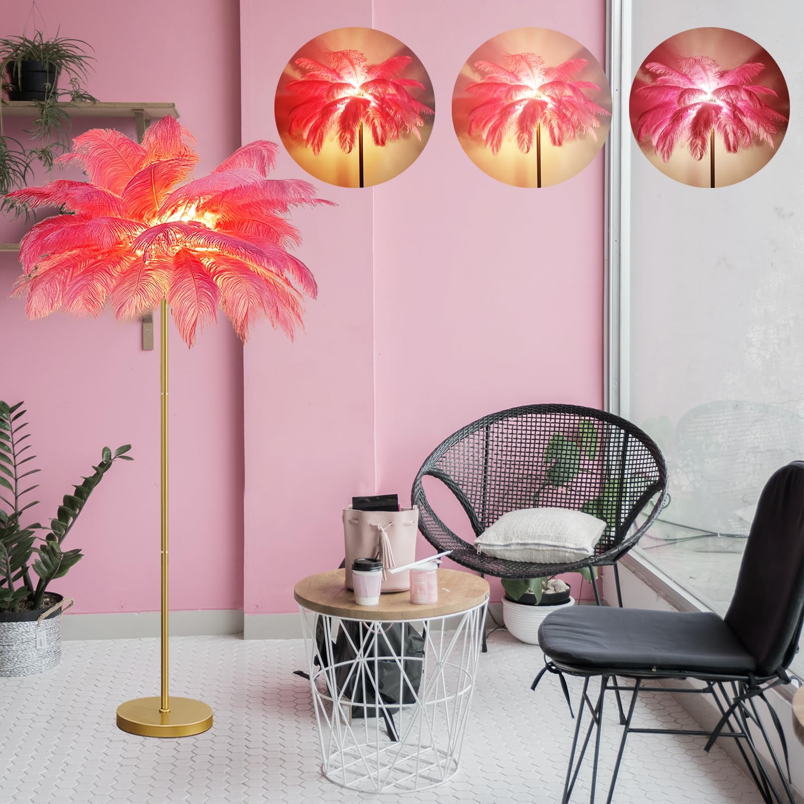 Natural Ostrich Feather Lamp Modern Floor Lamp for Living Room LED Standing Lamp with Foot Switch Gold Finish Elegant Feather Lampshade for Girl Bedroom Decor ( Pink )