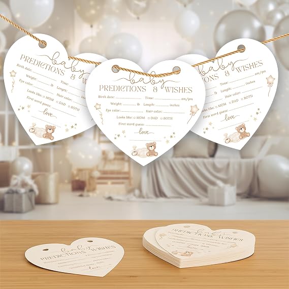 OnlyBP 50 Baby Shower Predictions Cards Heart Shaped Album Fun Baby Shower Games & Guest Book - Gender Neutral Boy or Girl - Baby Shower Decorations - Keepsake with Rings