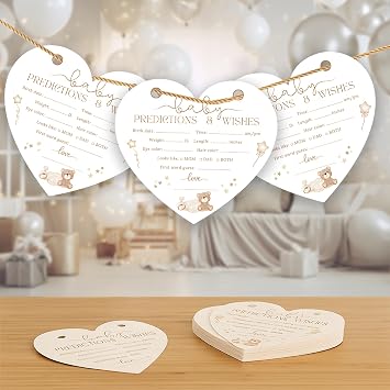OnlyBP 50 Baby Shower Predictions Cards Heart Shaped Album Fun Baby Shower Games & Guest Book - Gender Neutral Boy or Girl - Baby Shower Decorations - Keepsake with Rings