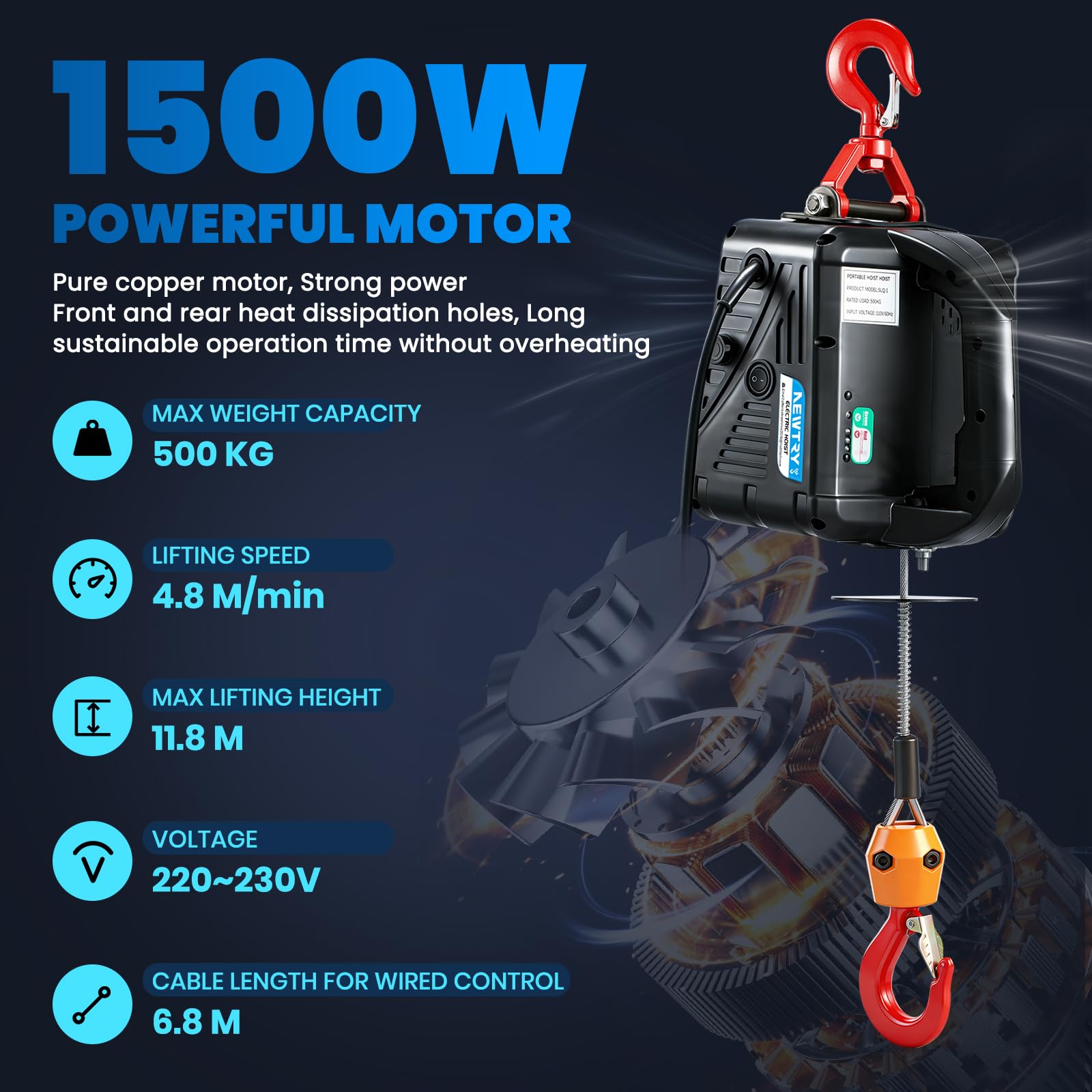NEWTRY 3 in 1 Paranco elettrico telecomando senza fili 11,8 m/38ft 1500 W Winch elettrico con protezione da sovraccarico (carico 300 kg)