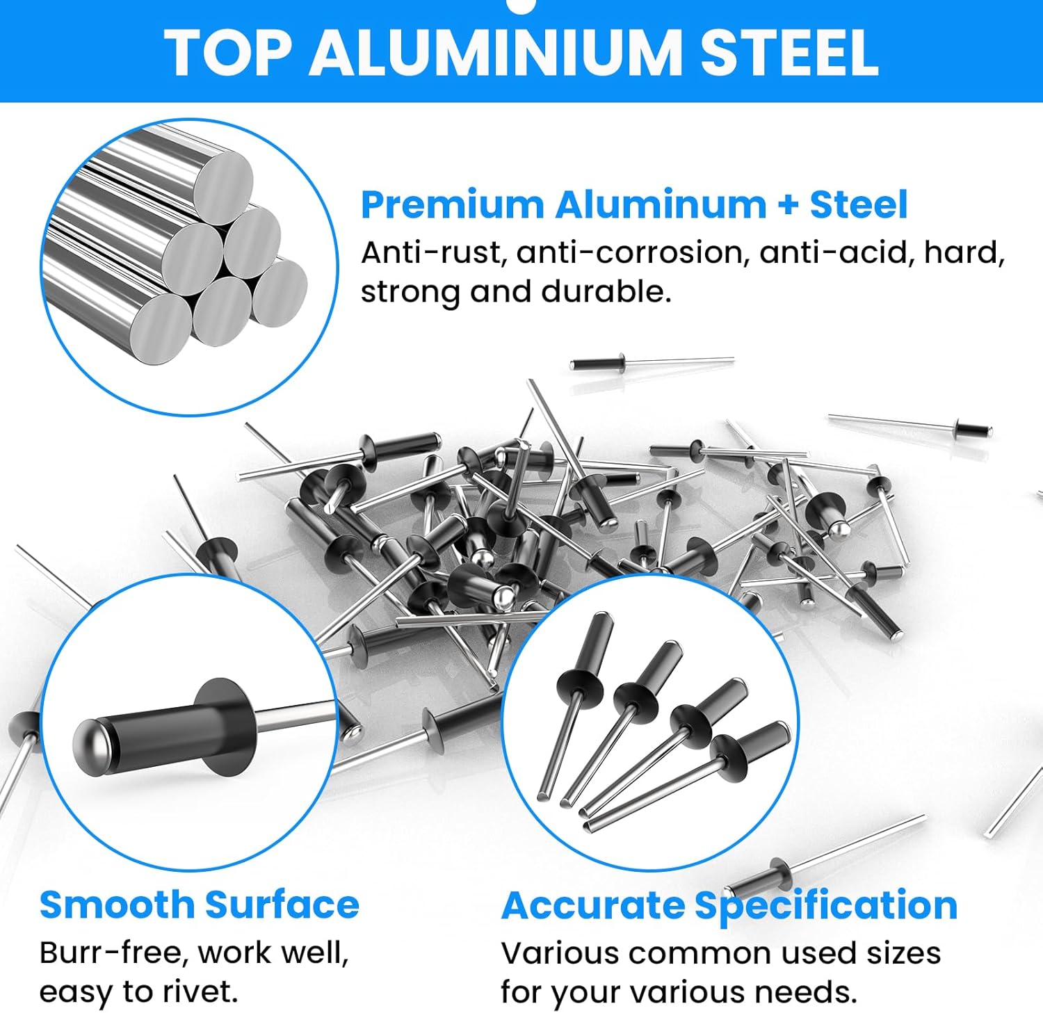 SDTC Tech 400pcs Black Pop Rivets Assortment Kit, 9 Sizes Aluminum Rivets (1/8" 3/16"), Assorted Blind Rivets for Metal, Furniture, Automotive, Instruments