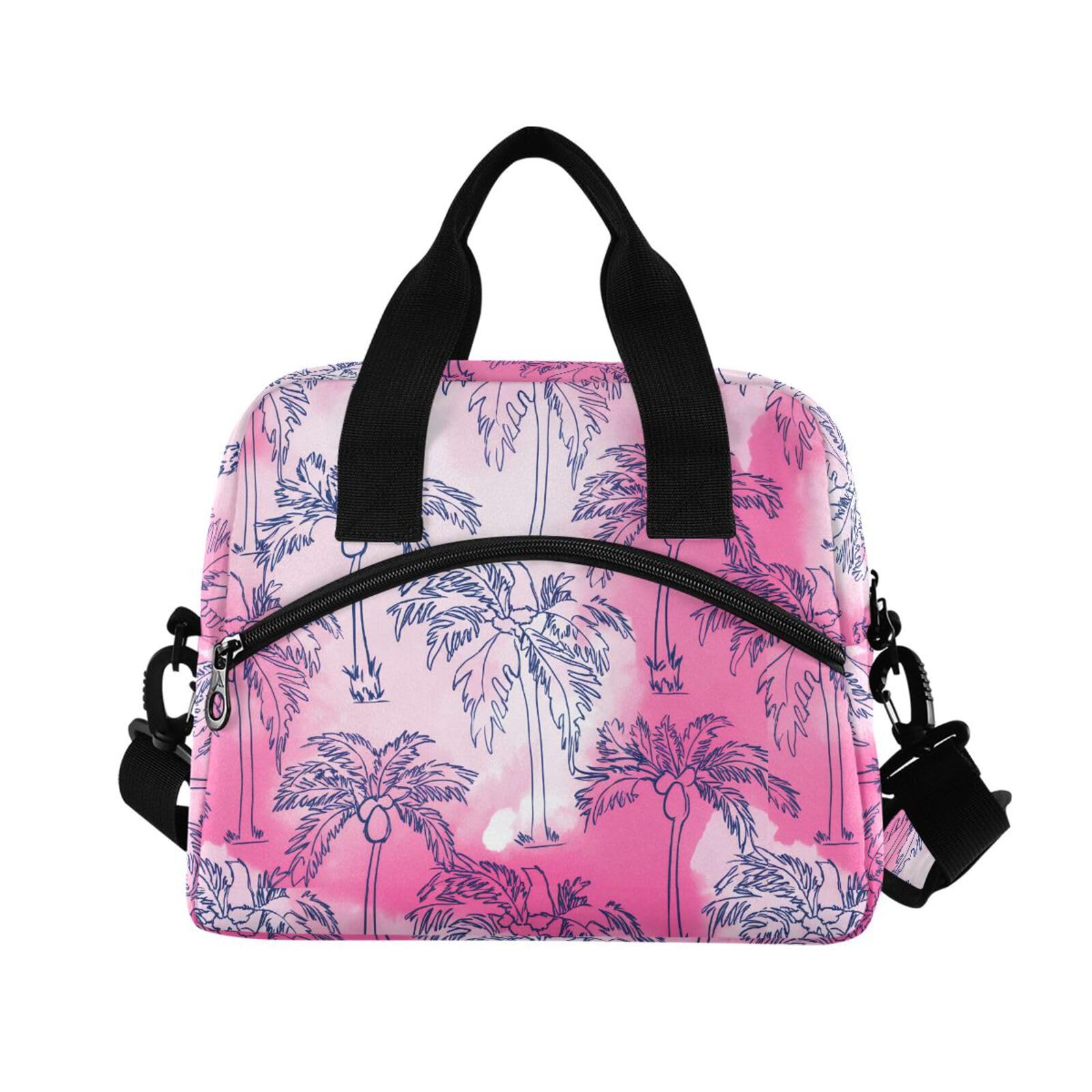 Sinestour Insulated Lunch Bag Reusable Cooler Coconut Palm Trees Pink Lunch Box Adjustable Shoulder Strap for Men Women Adults