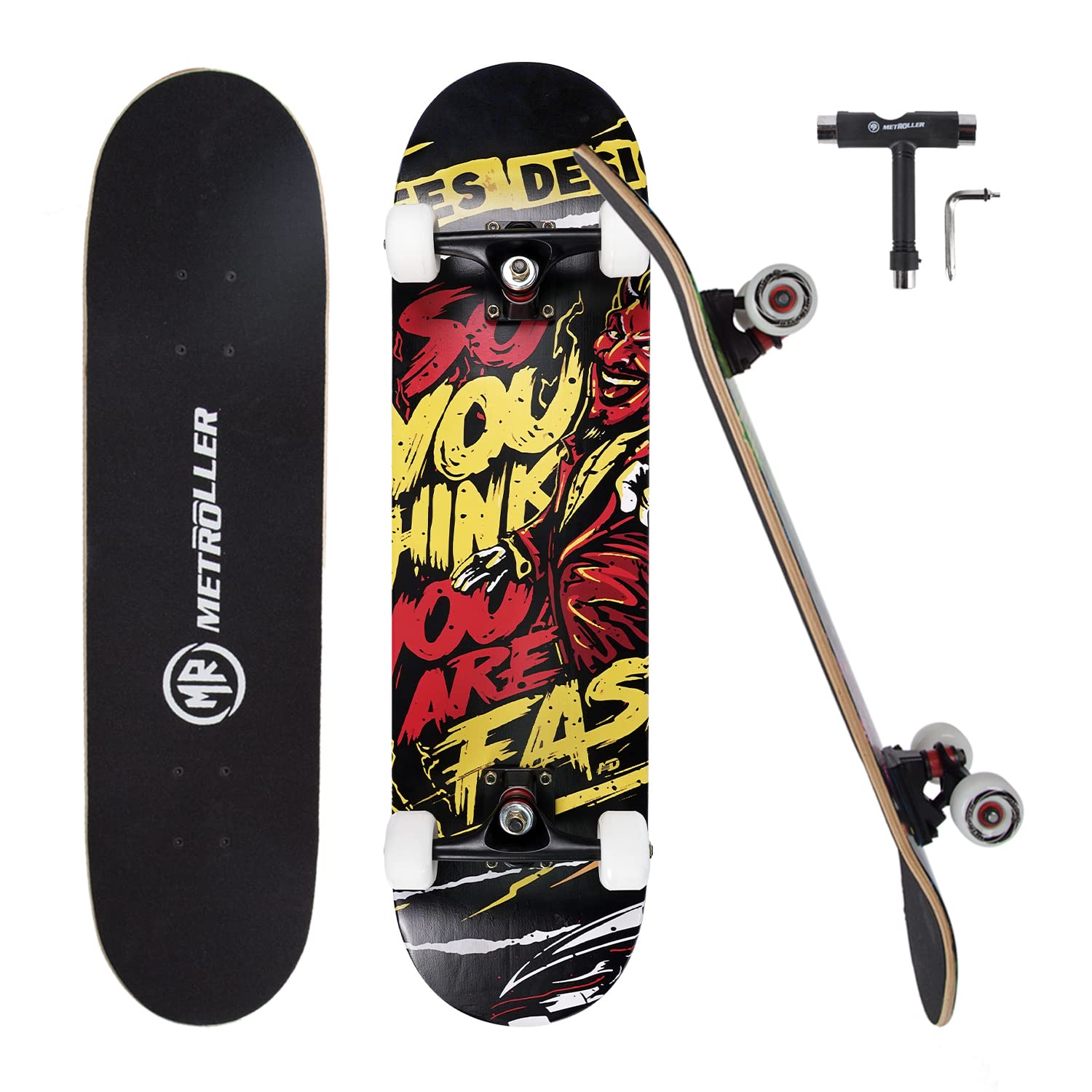 METROLLER Skateboards for Beginners,31 x 8 Complete Standard Skate Boards for Girls Boys, 7 Layer Canadian Maple Double Kick Concave Skateboard for Kids Youth Teens Adults