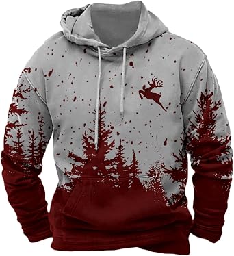 Aztec Hoodies for Men Oversized Long Sleeve Pullover Mens Drawstring Vintage Graphic Western Cowboy Jackets Fall Winter Country Hoodies with Kangaroo Pocket H-Deer Red 3XL