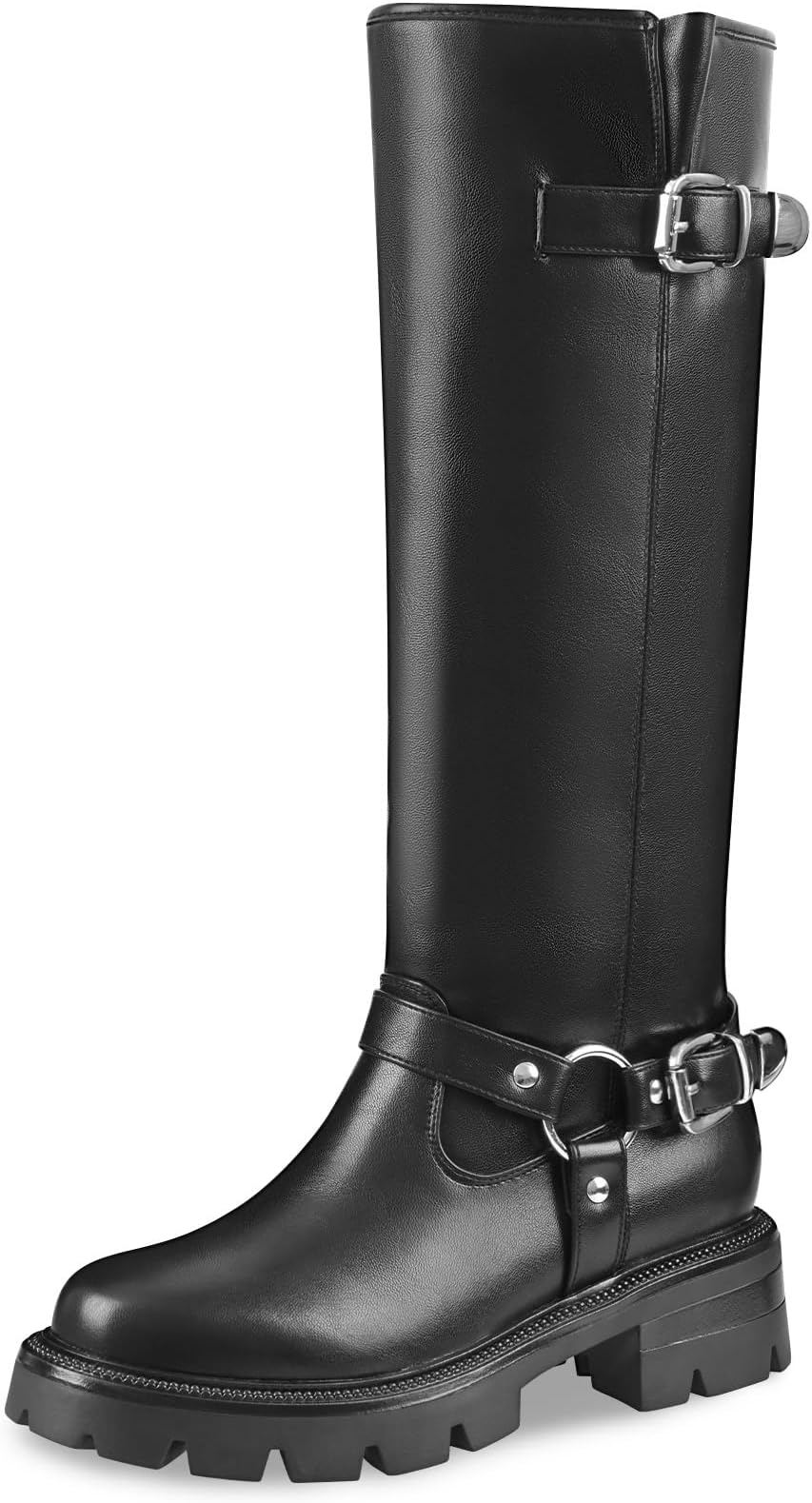 Women’s Knee High Boots Comfortable Chunky Heel Round Toe Platform Lug Sole Tall Boot Fashion Buckles Biker Riding Boots Fall Winter