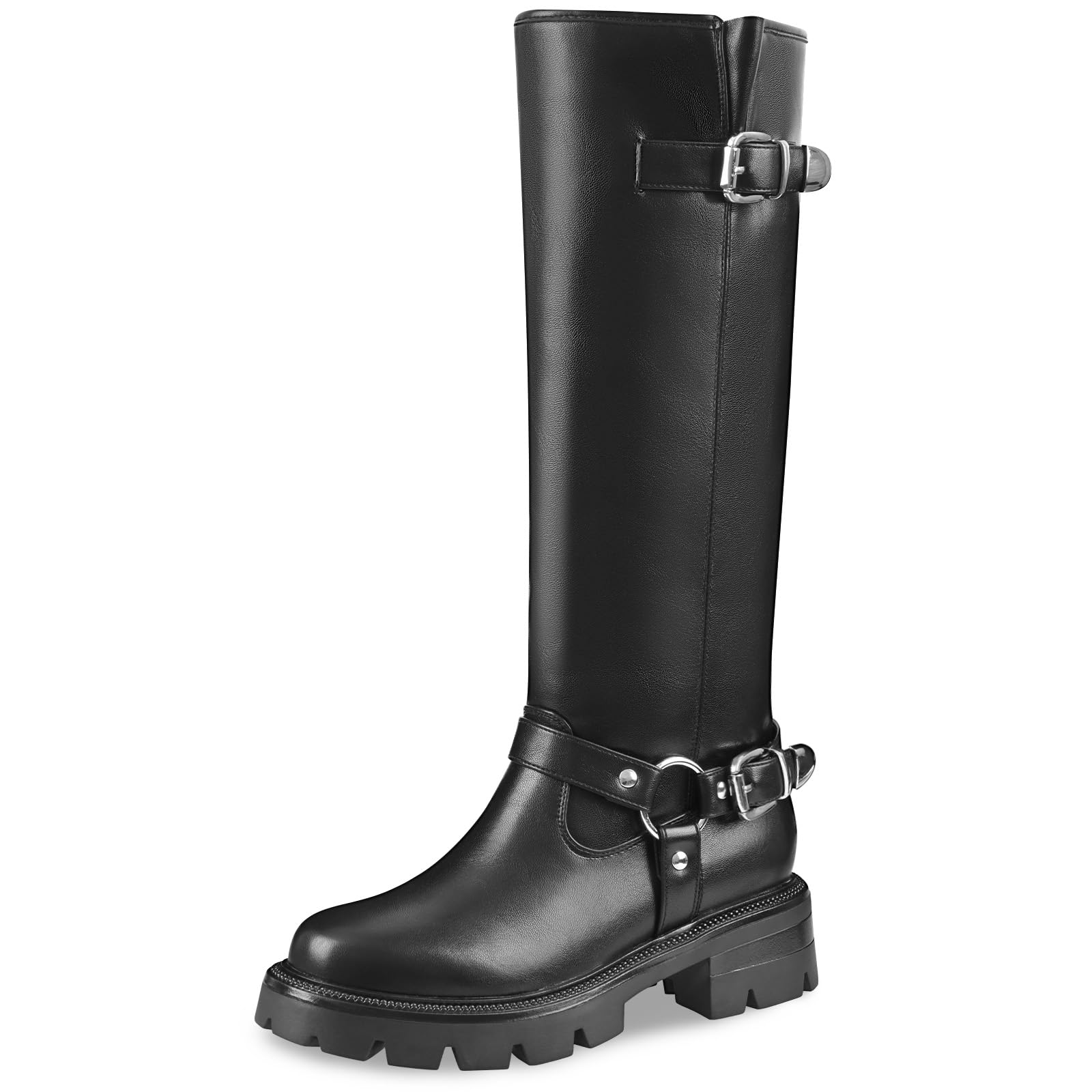 Women’s Knee High Boots Comfortable Chunky Heel Round Toe Platform Lug Sole Tall Boot Fashion Buckles Biker Riding Boots Fall Winter