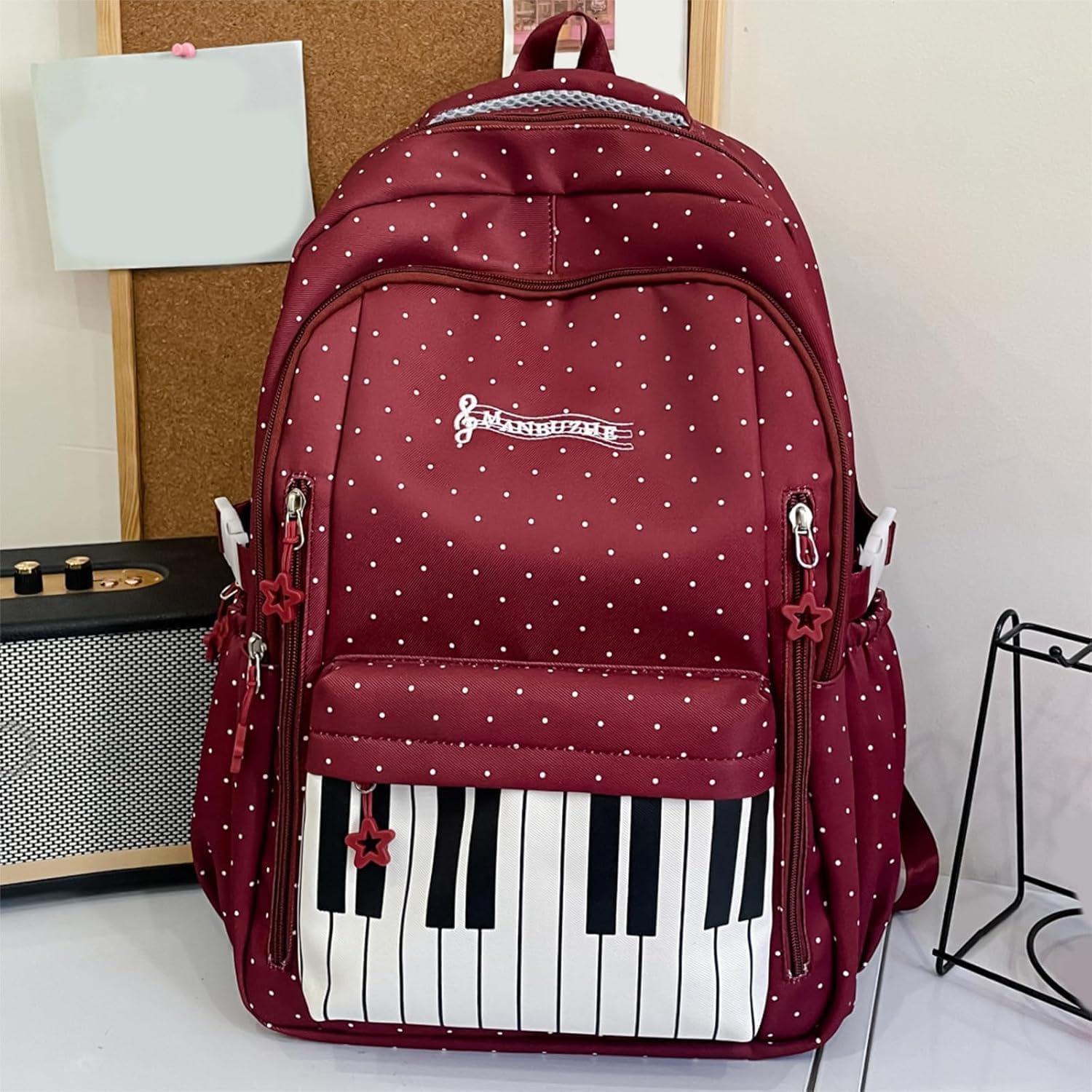 Mochila de Lunares, Bolsa Escolar Roja en Nylon con Teclas de Piano para Adolescentes (Blue-A)