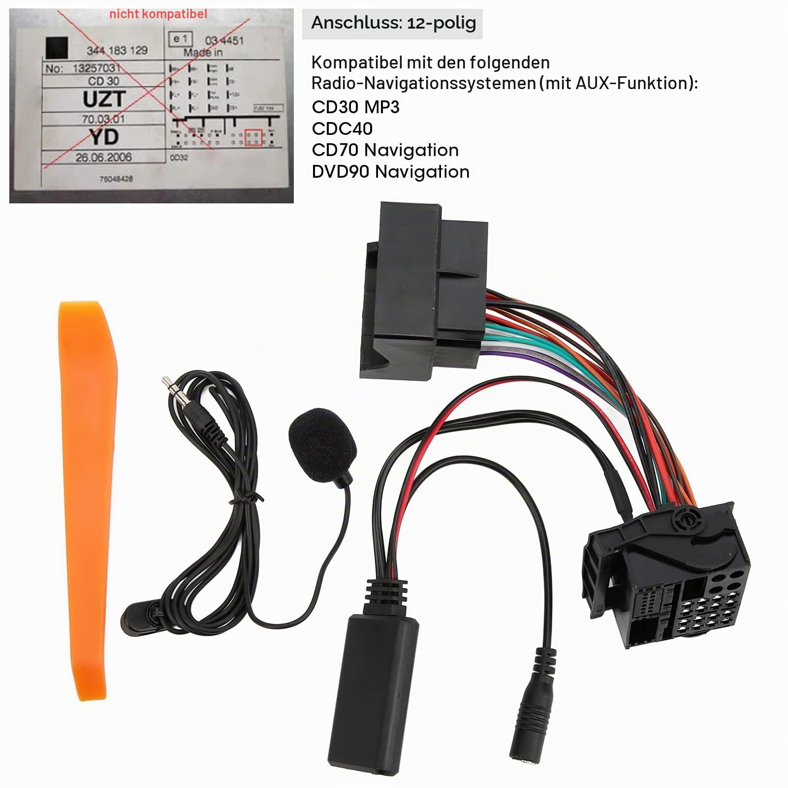 Bluetooth 5.0 Wireless-Kabeladapter mit Mikrofon-Set, Freisprech-Audio-Radio-Musik-Adapter, AUX-In-Kabel mit 12-poligem Mikrofon für OPEL CD30 Mp3 CDC40 CD70 DVD90