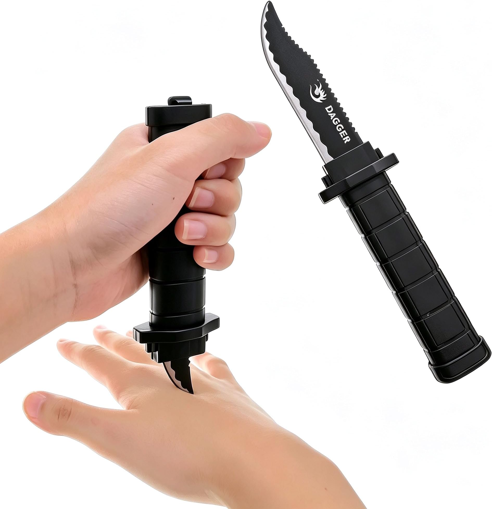 Cooplay 4pcs Retractable Fake Knife Realistic Toy Plastic Prop Black Dragon Pattern Handle Dagger Drop Point for Halloween Christmas Fools Day Party Cosplay Joke Gadget Prank Gag