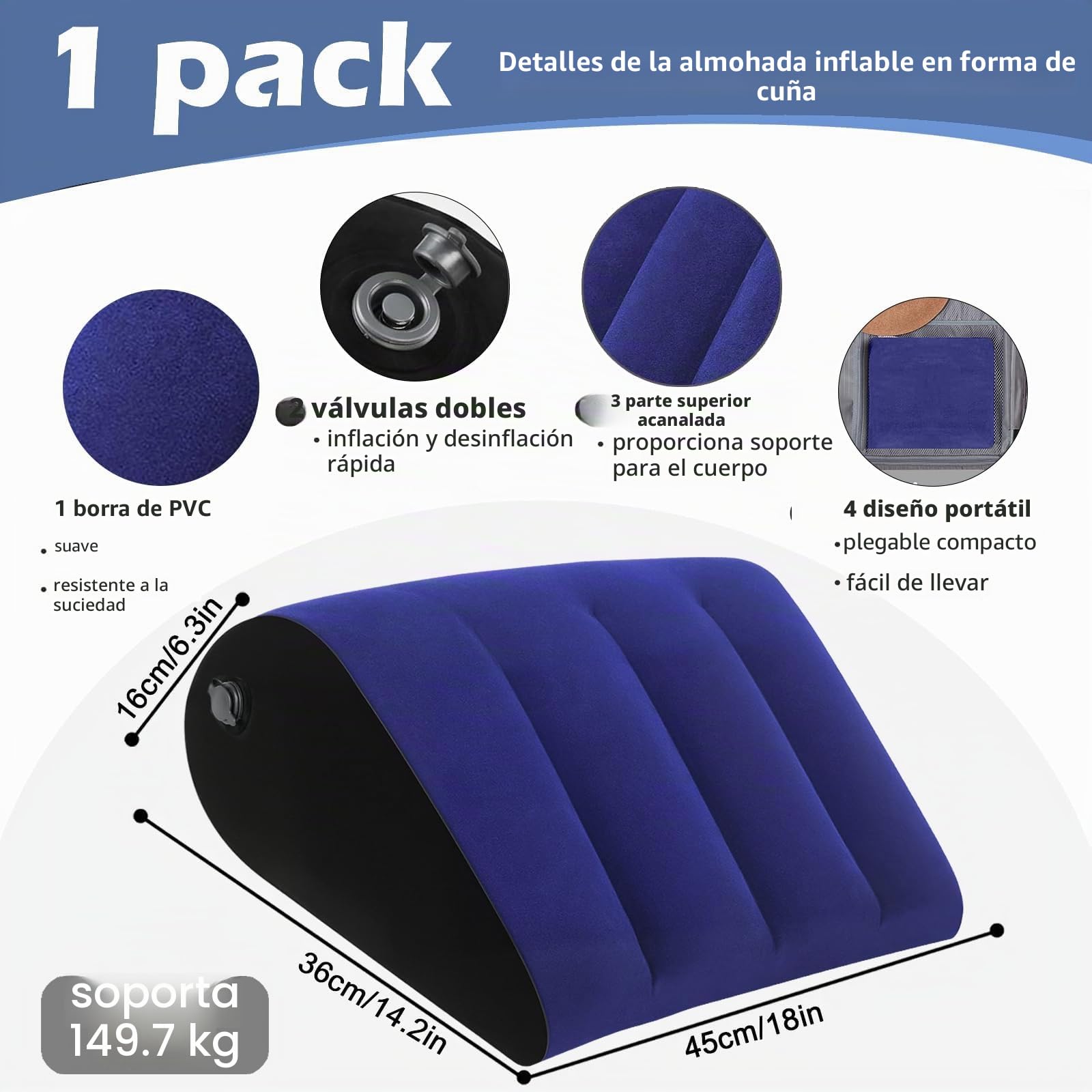 Cojín Cuña Hinchable Ajustable para Cama – Almohada Antirreflujo Adultos, Cojín Inflable para Piernas, Rodillas y Espalda, Portátil para Viaje, Playa y Camping (Azul)