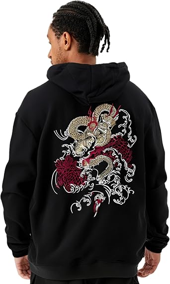 Streetwear Mens Dragon Embroidered Heavyweight Graphic Hoodies Japanese Techwear baggy Anime Hoodie