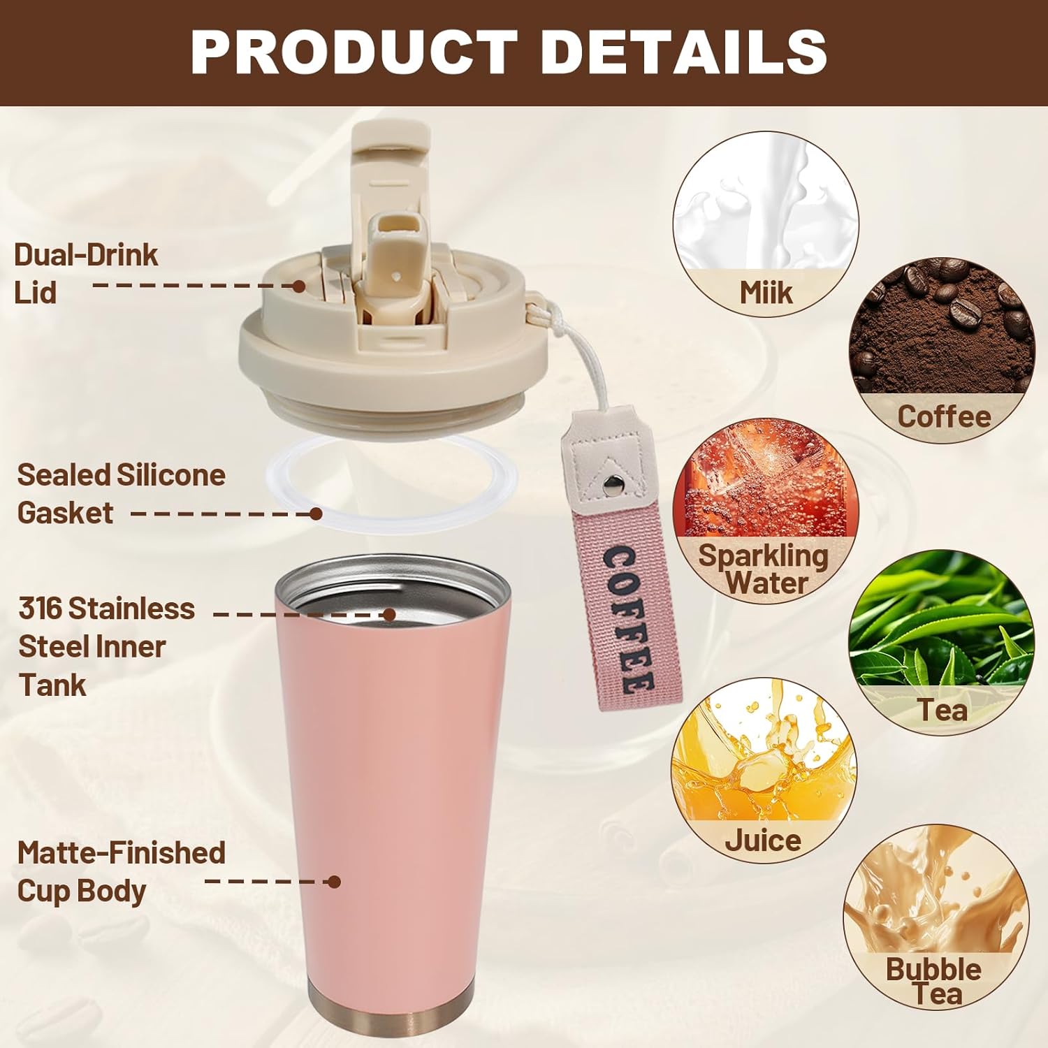 Insulated Coffee Tumbler 17.9oz 530ml Travel Coffee Mug 316 Stainless Steel Dual Drink Openings Leakproof Lid Reusable Insulated Coffee Mug Hot and Cold Ideal Travel Mug for Coffee Lover Daily - Image 3