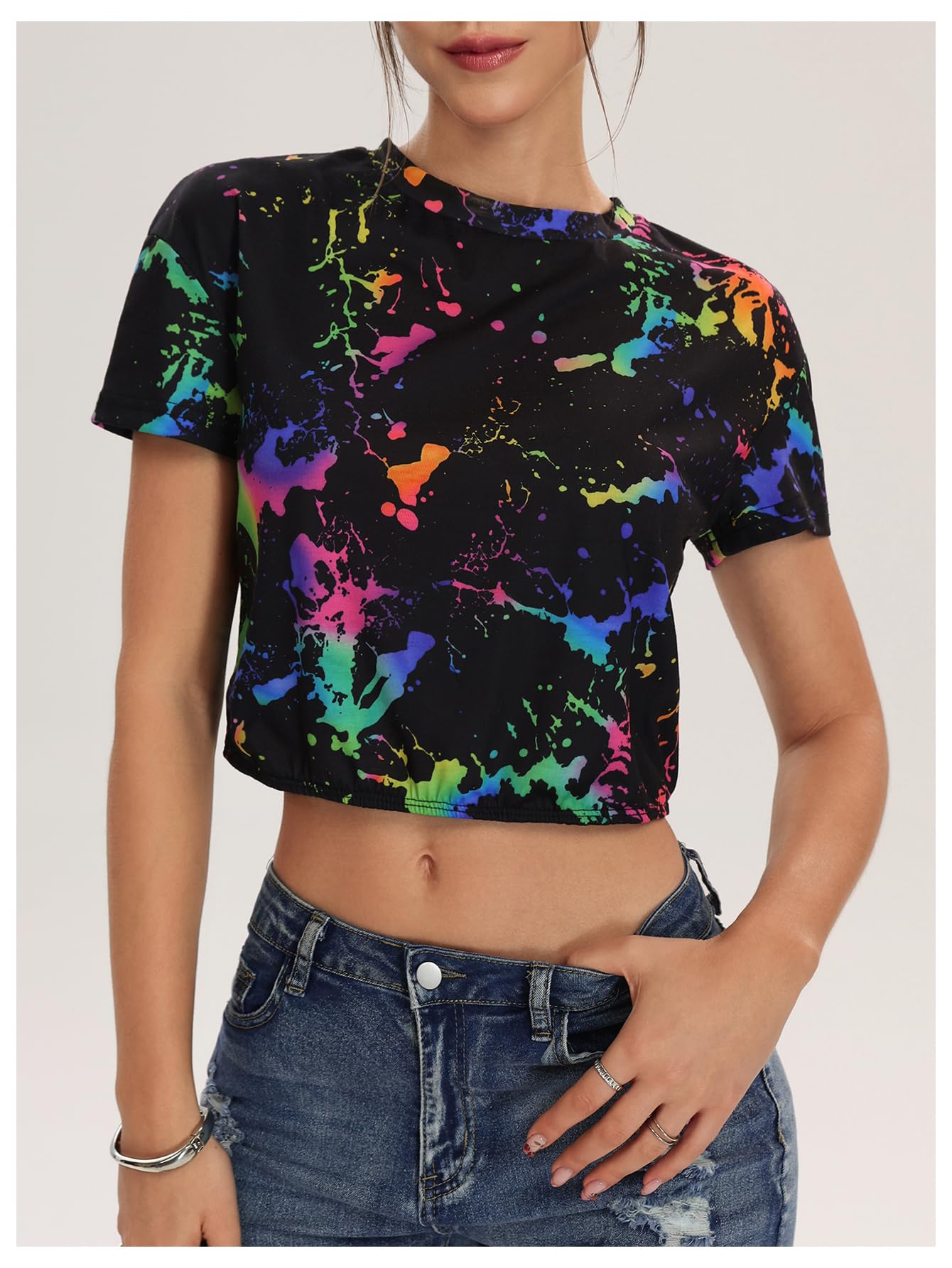 Floerns Camiseta corta de manga corta reflectante para mujer, cuello redondo, estilo casual
