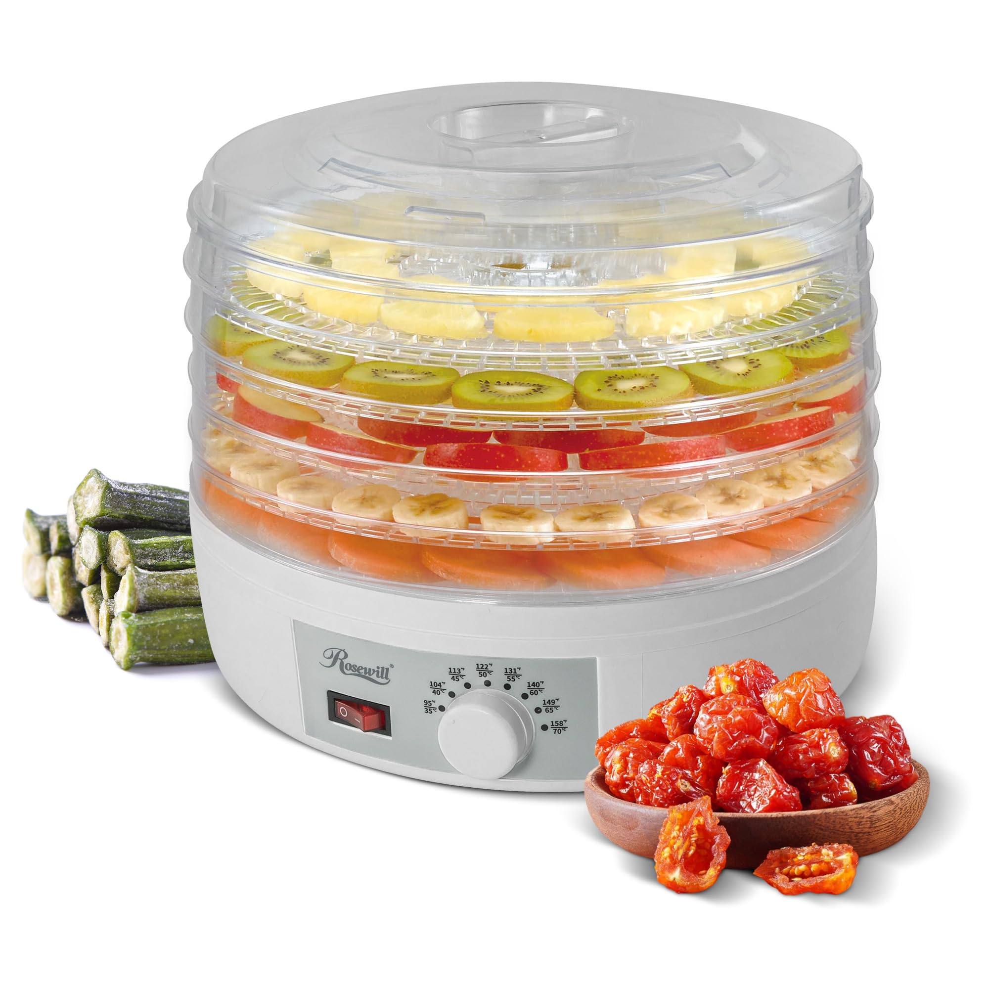 - Rosewill Food Dehydrator Machine, 5 BPA-Free 12.6’ Trays, Adjustable Temperature Controls | 95-158°F | 350W, Jerky, Herbs, Fruit, Veggies, Dried Snacks, White