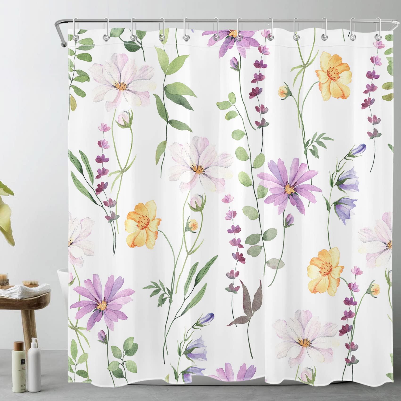 WEENEO Country Wildflower Shower Curtain Yellow Purple Floral and Sage Green Eucalyptus Leaf on White Shower Curtain Set for Bathroom Nature Plant
