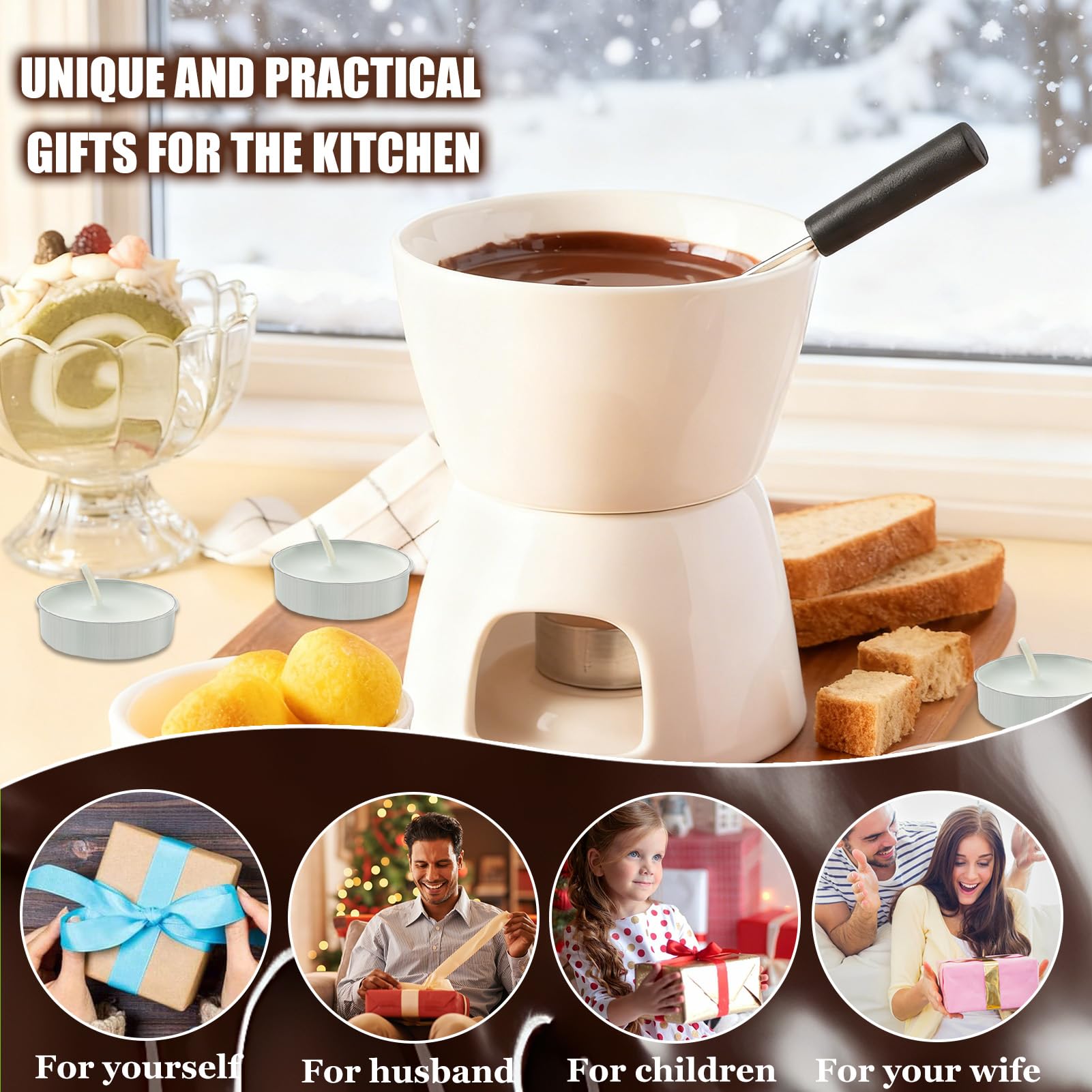 Dongcill Taza para Fondue de Chocolate,300 ml,de Cerámica,con 4 Tenedores y 5 Velas de té para 4 Personas,Paras Queso,Mantequilla,Caramelos