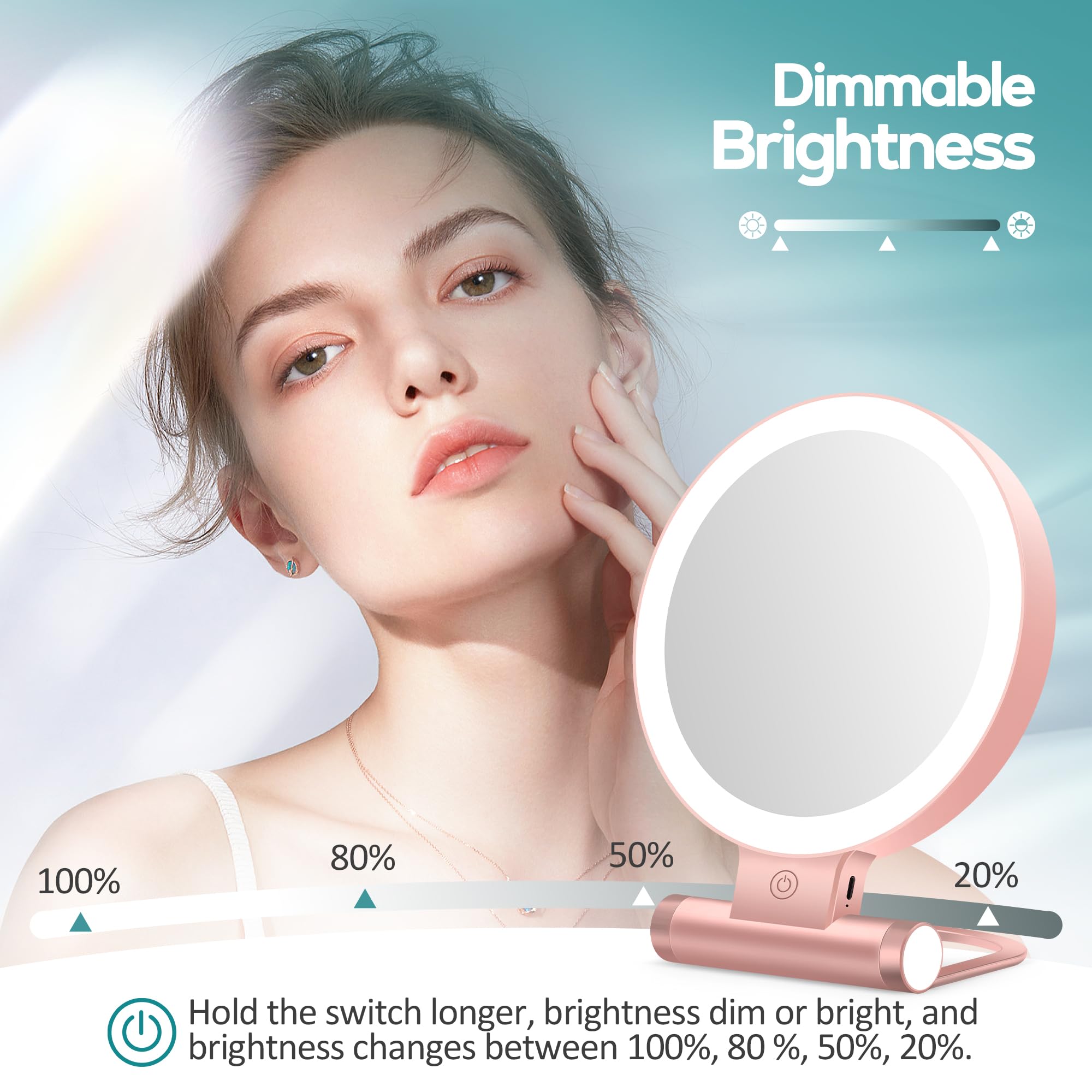 Espejo de aumento con luz 30X, espejo de maquillaje de doble cara 1X/30X con pinzas, 2000 mAh, 3 modos de color con brillo ajustable, espejo de viaje plegable (dorado)